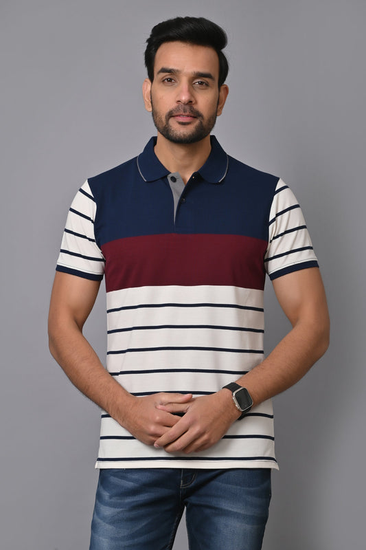 Arbour Men Polo Neck Stripes Casual Half Sleeves T-Shirt