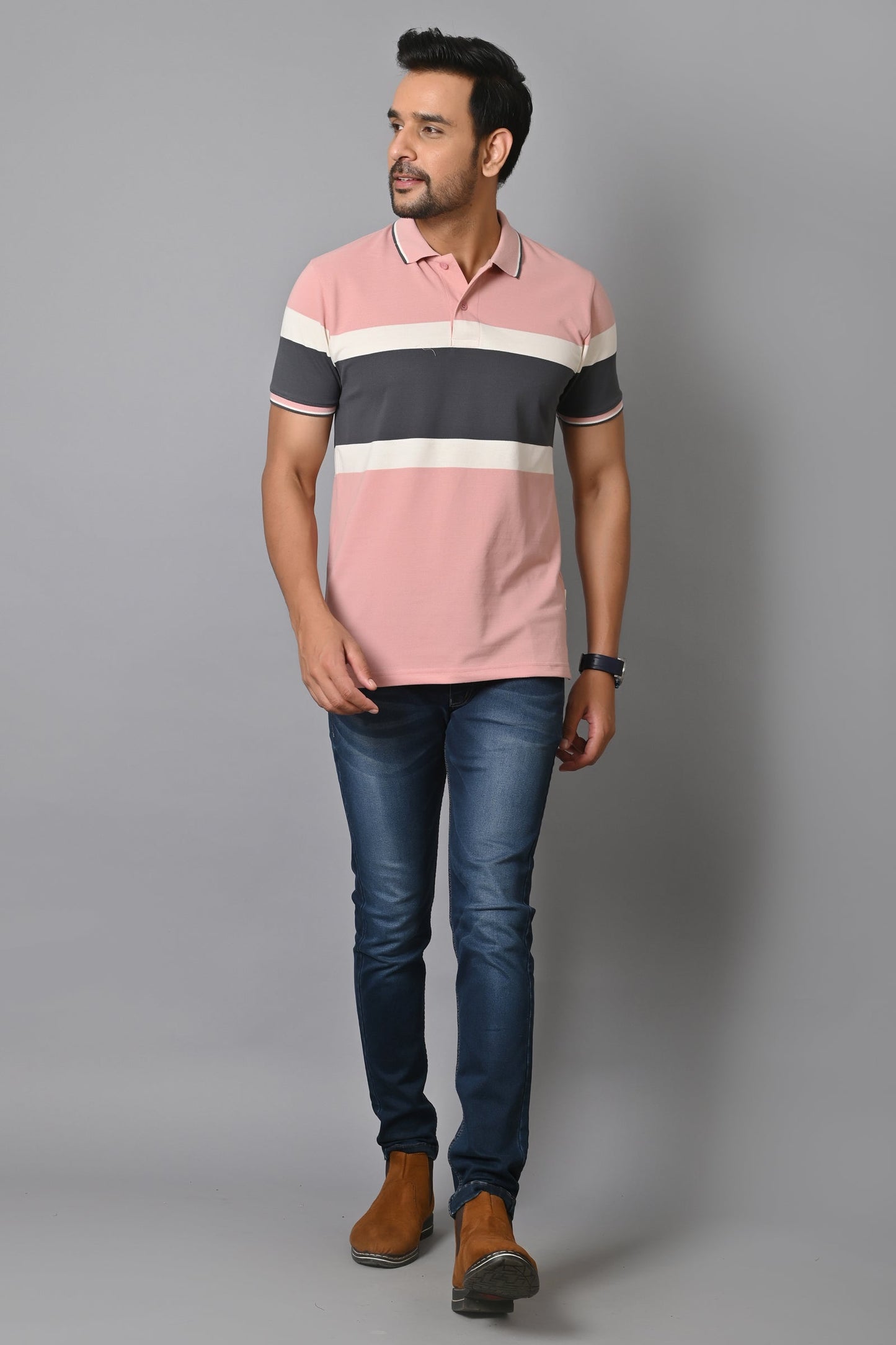 Arbour Men Polo Neck Stripes Slim Fit half Sleeves T-Shirt