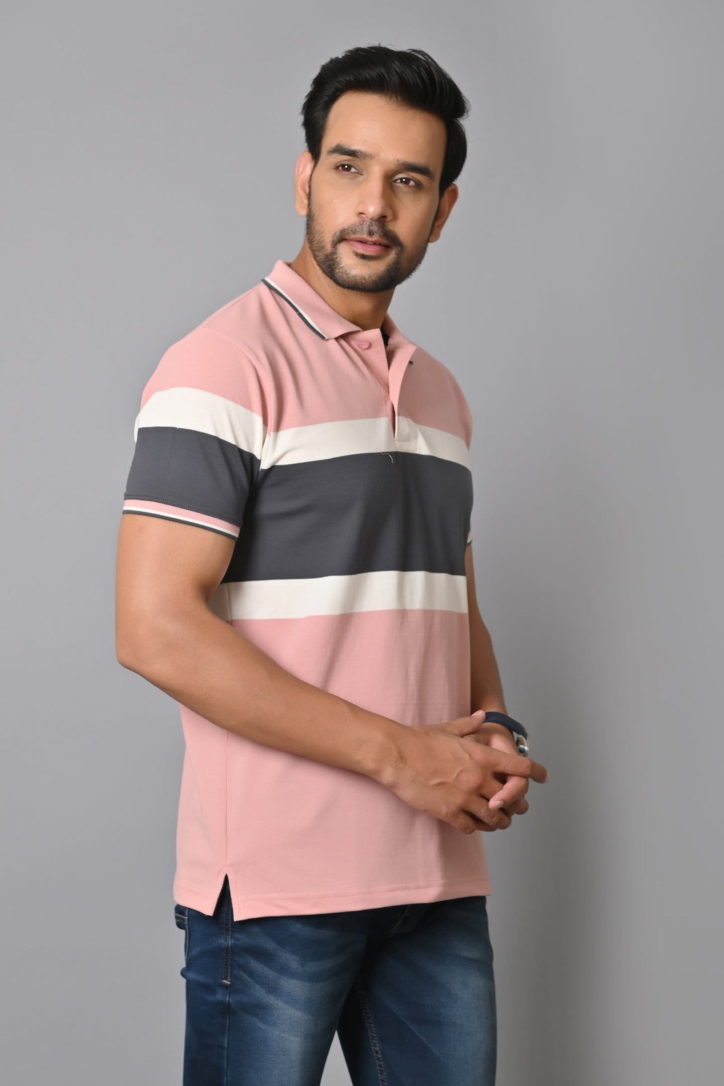 Arbour Men Polo Neck Stripes Slim Fit half Sleeves T-Shirt