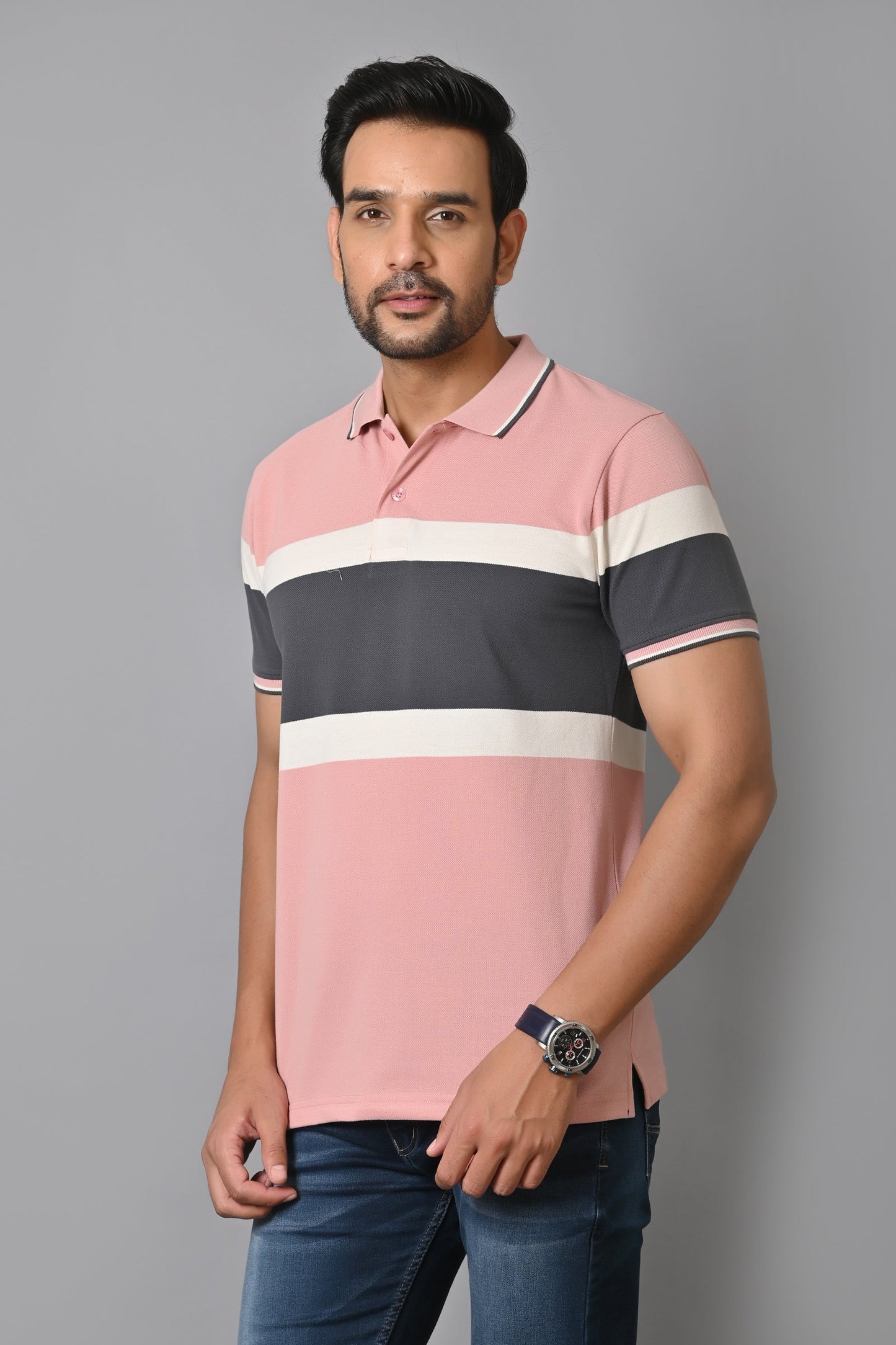 Arbour Men Polo Neck Stripes Slim Fit half Sleeves T-Shirt