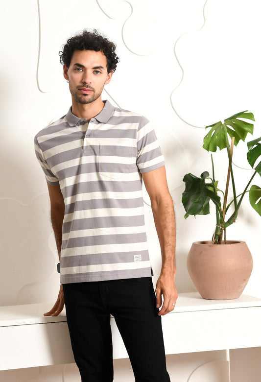 Arbour Men Polo Neck Casual Pocket Stripes T-Shirt