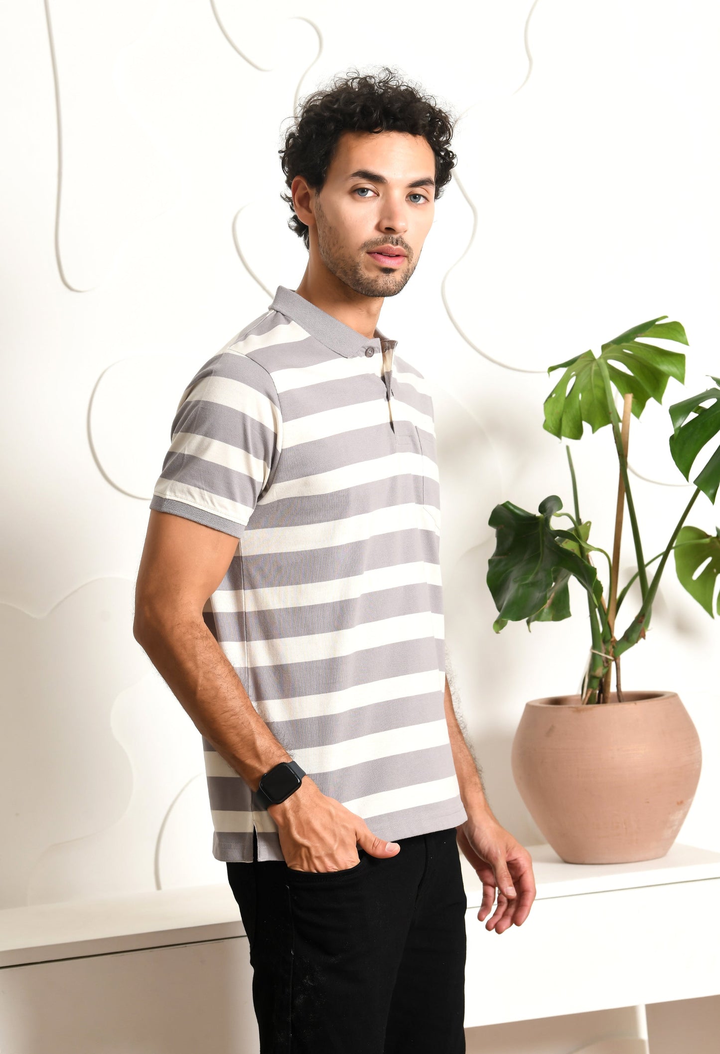 Arbour Men Polo Neck Casual Pocket Stripes T-Shirt