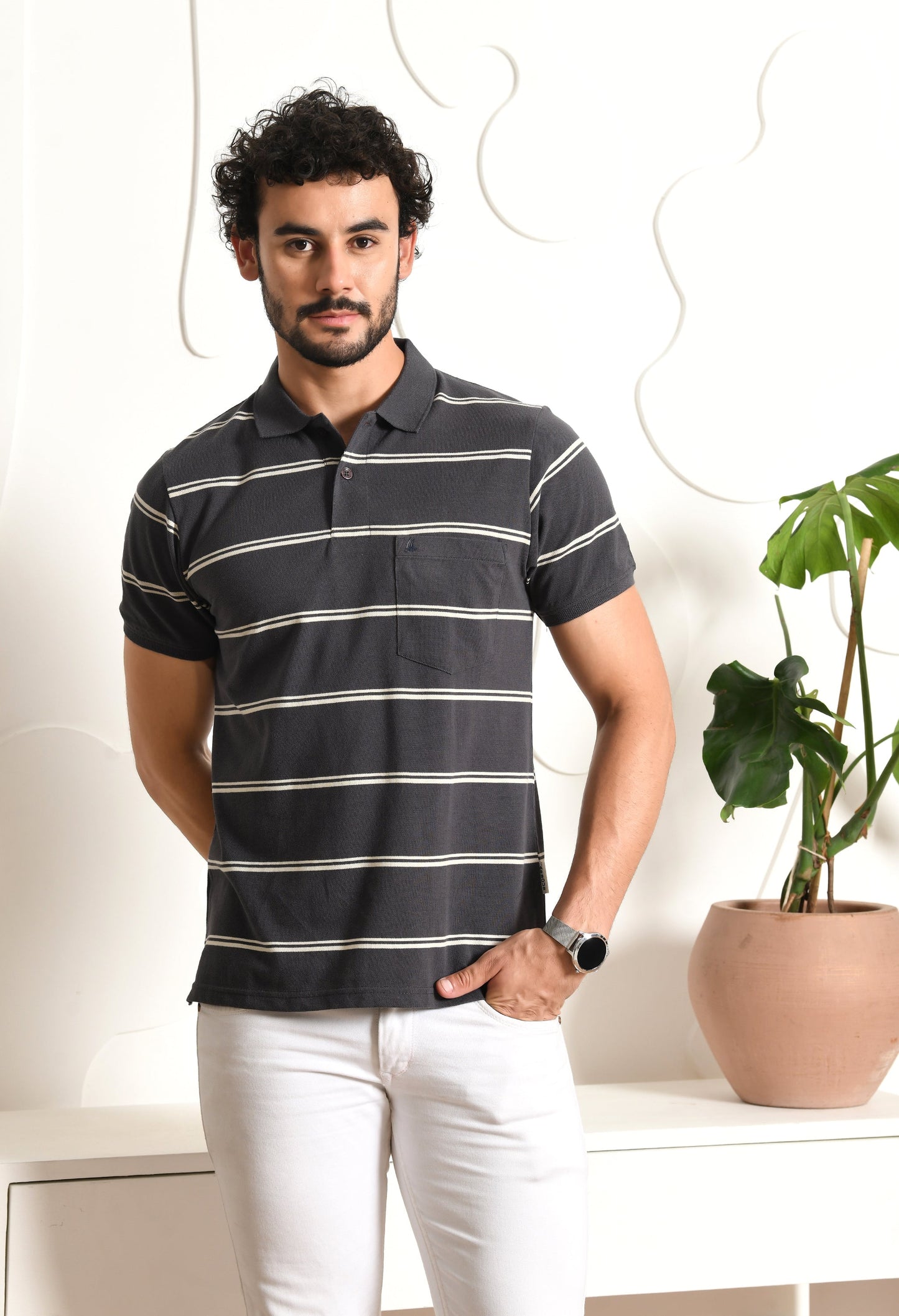 Arbour Men Polo Neck Stripes Pocket Half Sleeves T-Shirt