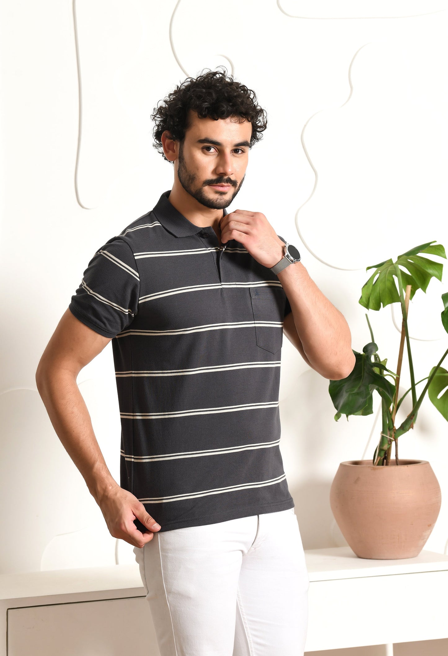 Arbour Men Polo Neck Stripes Pocket Half Sleeves T-Shirt