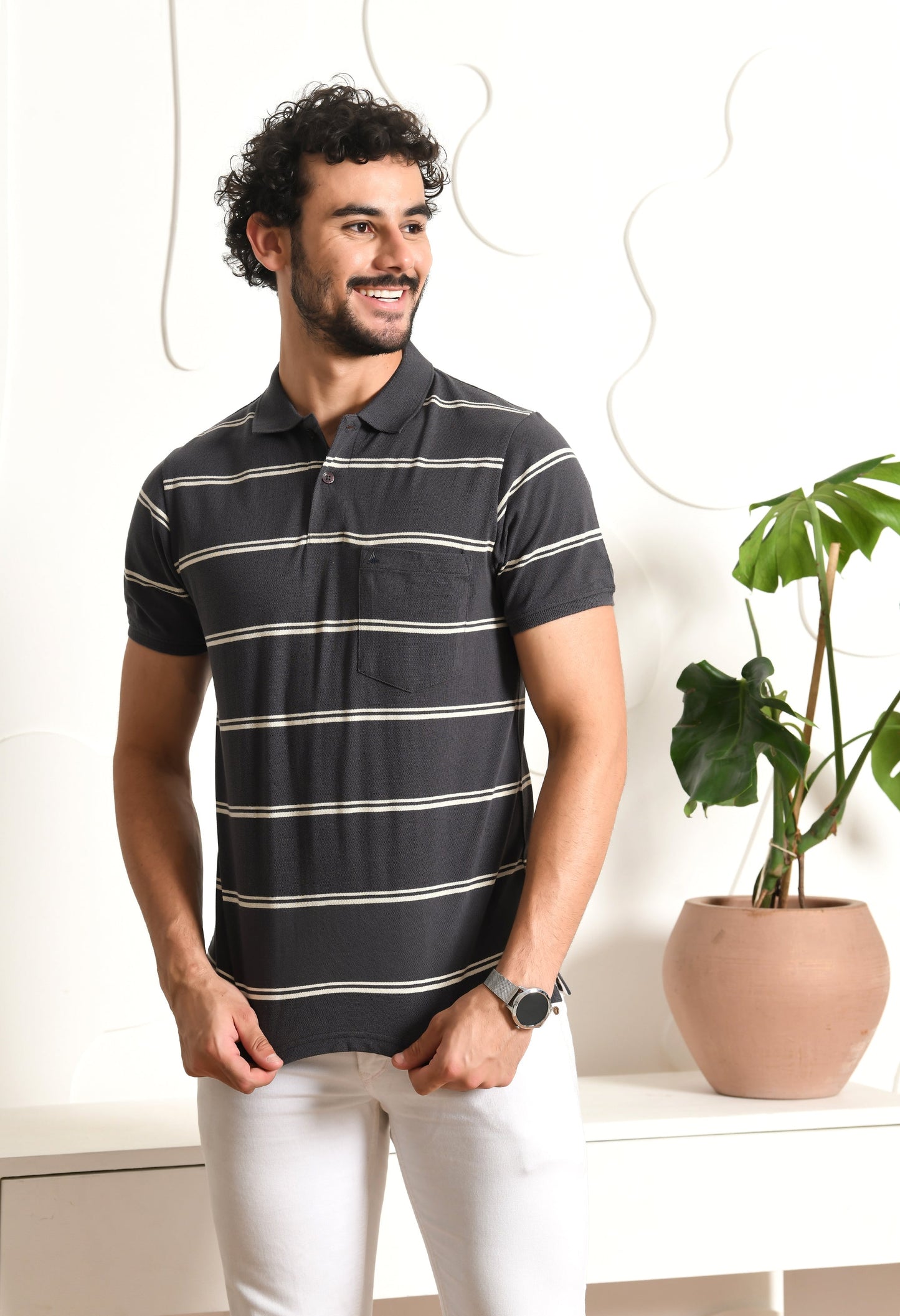 Arbour Men Polo Neck Stripes Pocket Half Sleeves T-Shirt