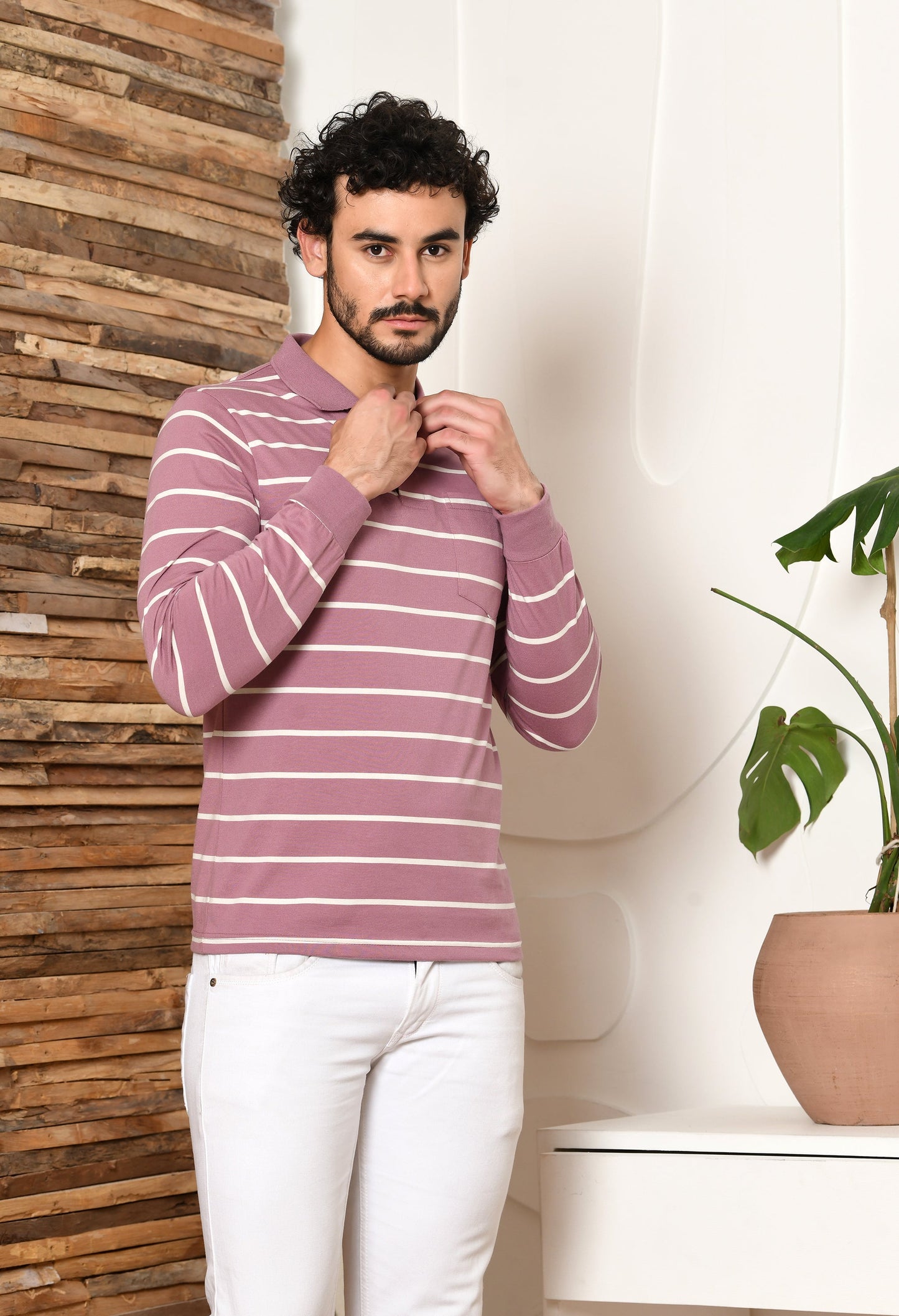 Arbour Men Polo Neck Stripes Pocket Full Sleeves T-Shirt