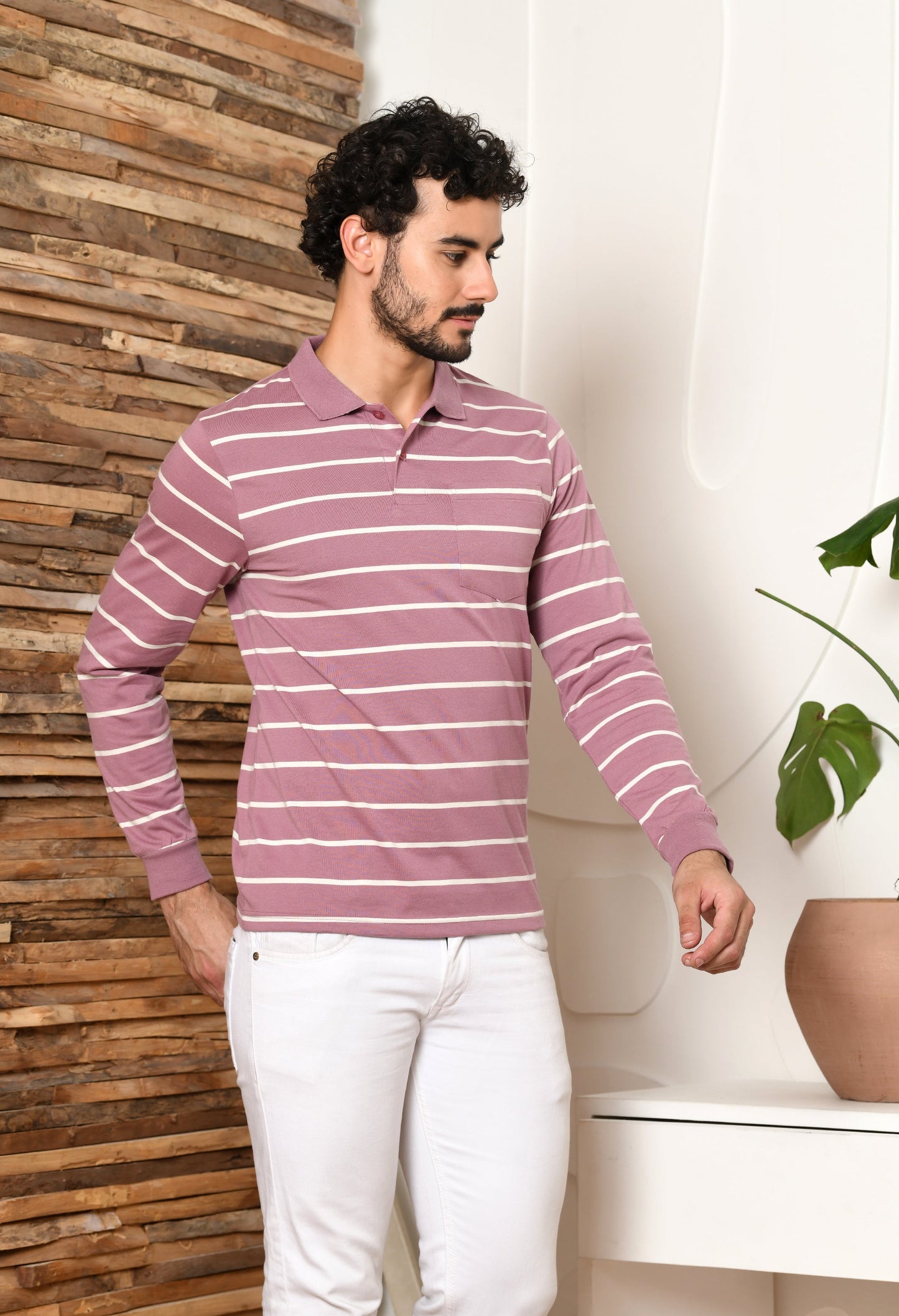 Arbour Men Polo Neck Stripes Pocket Full Sleeves T-Shirt