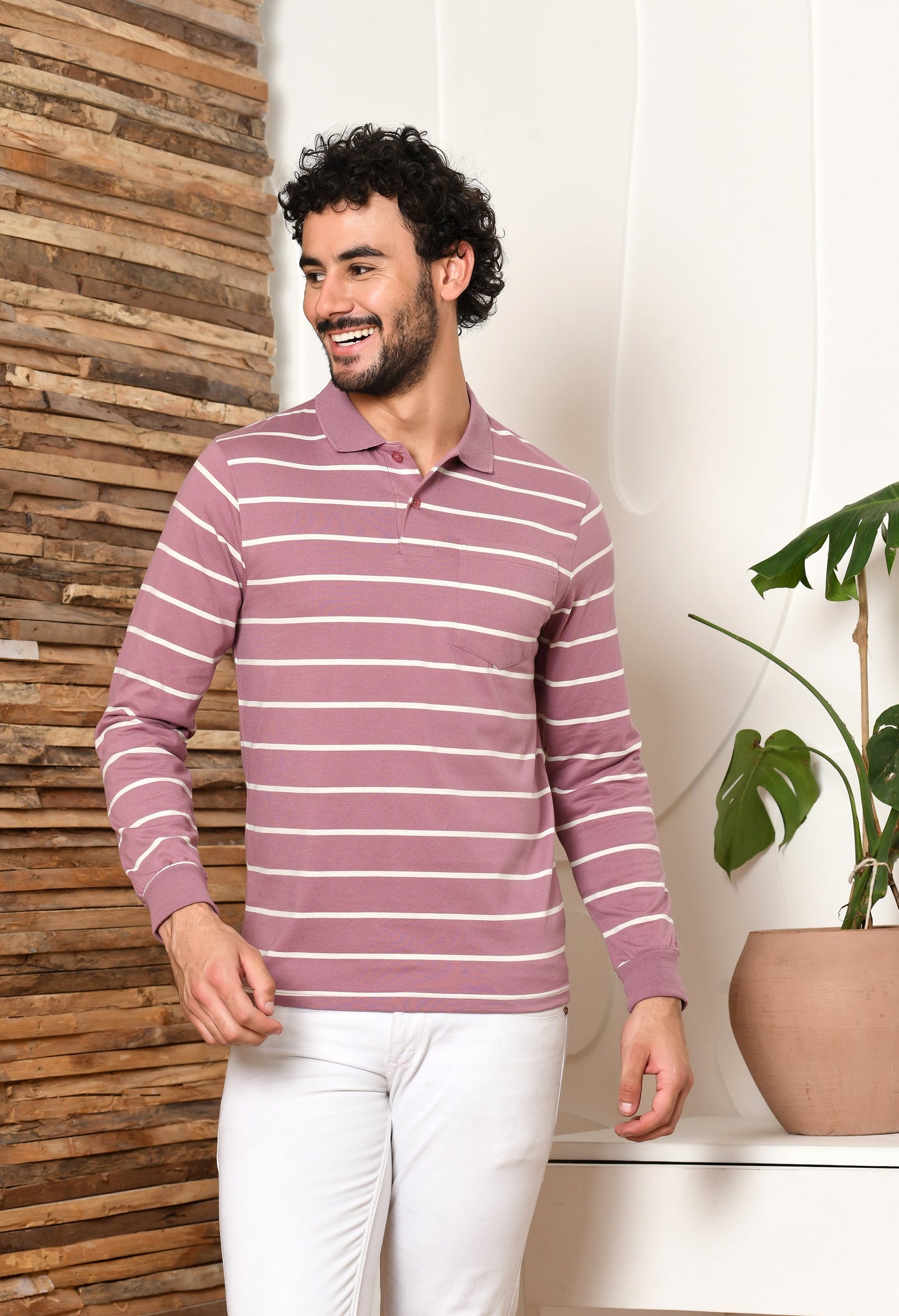 Arbour Men Polo Neck Stripes Pocket Full Sleeves T-Shirt