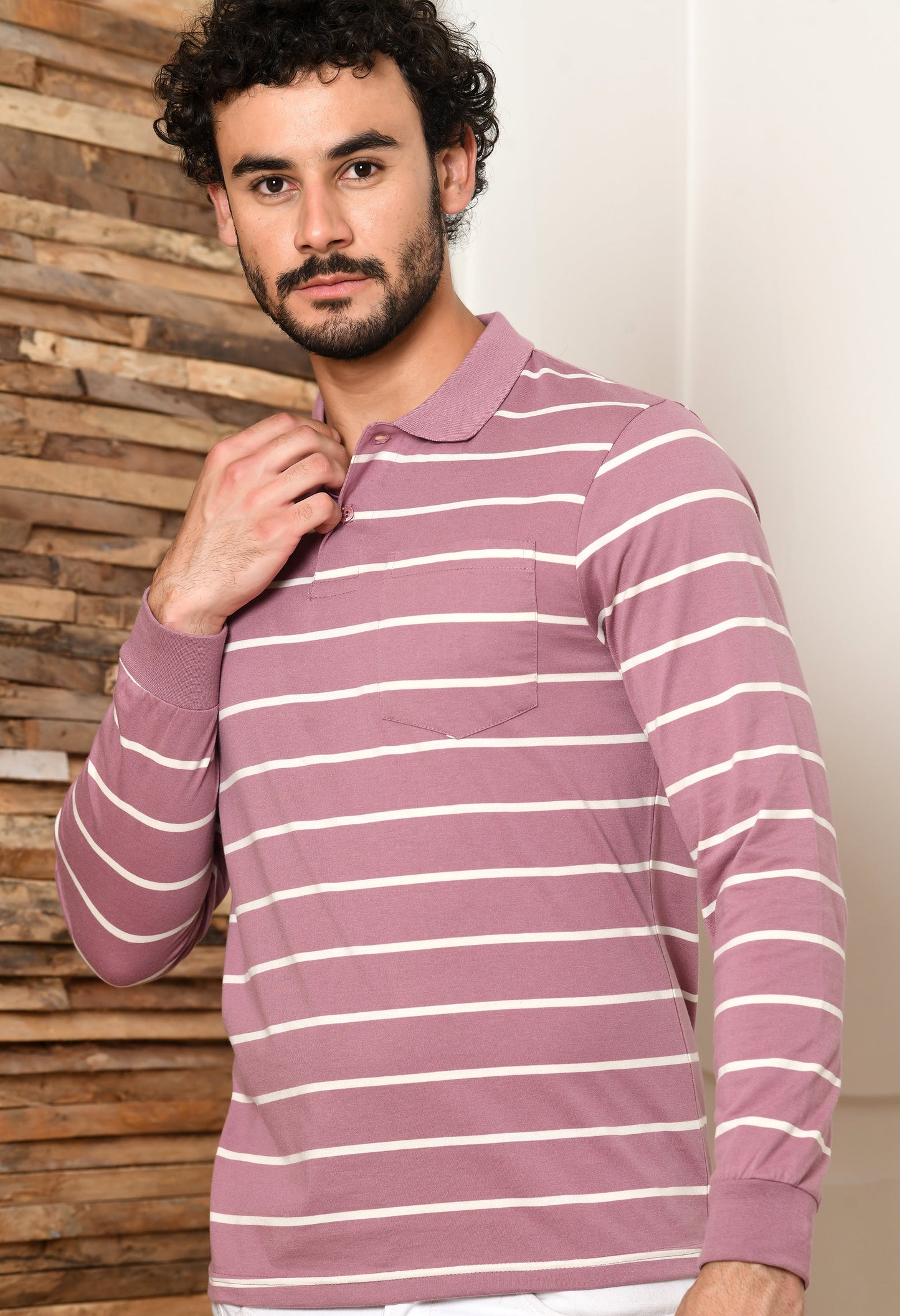 Arbour Men Polo Neck Stripes Pocket Full Sleeves T-Shirt