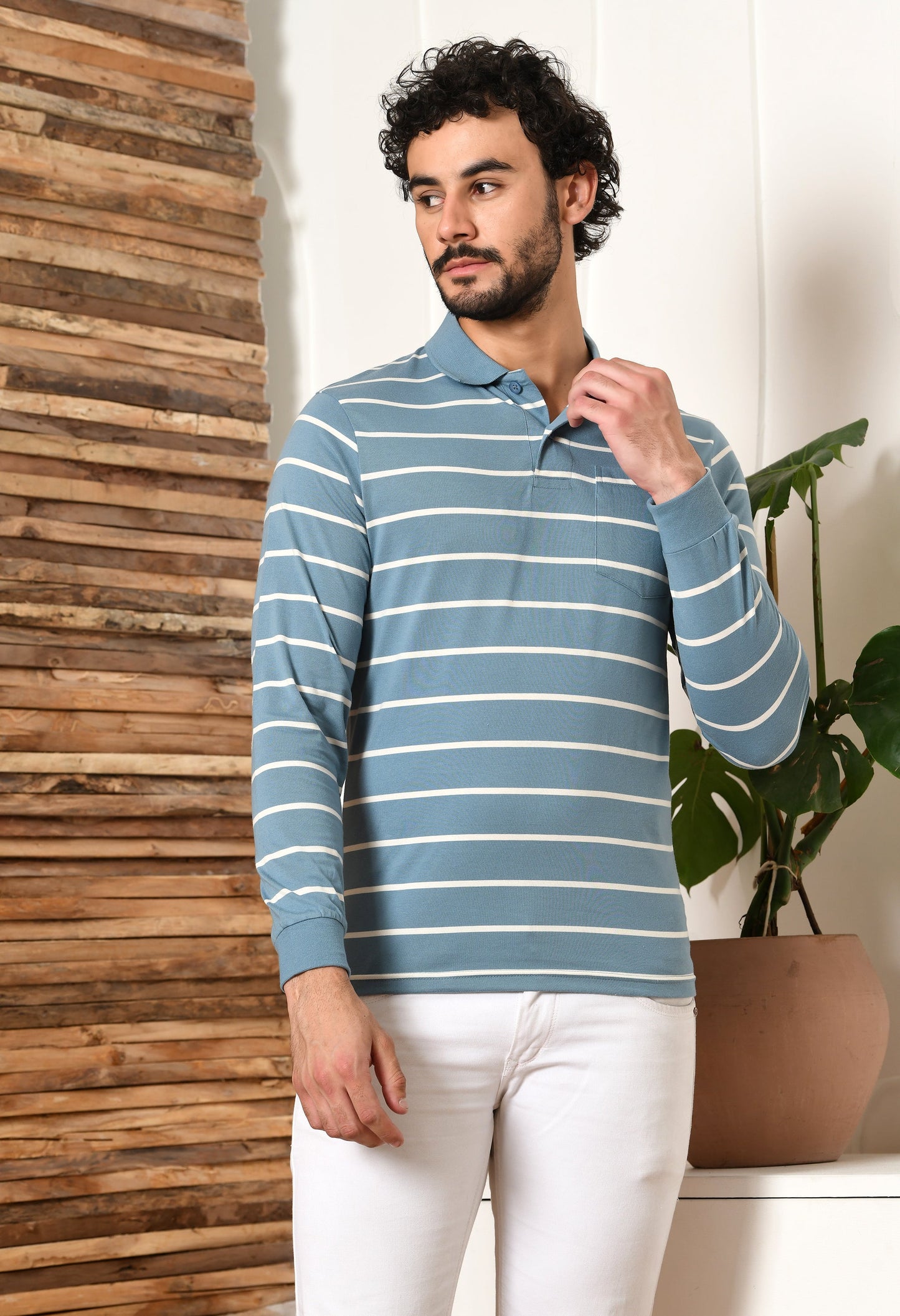 Arbour Men Polo Neck Stripes Pocket Full Sleeves T-Shirt