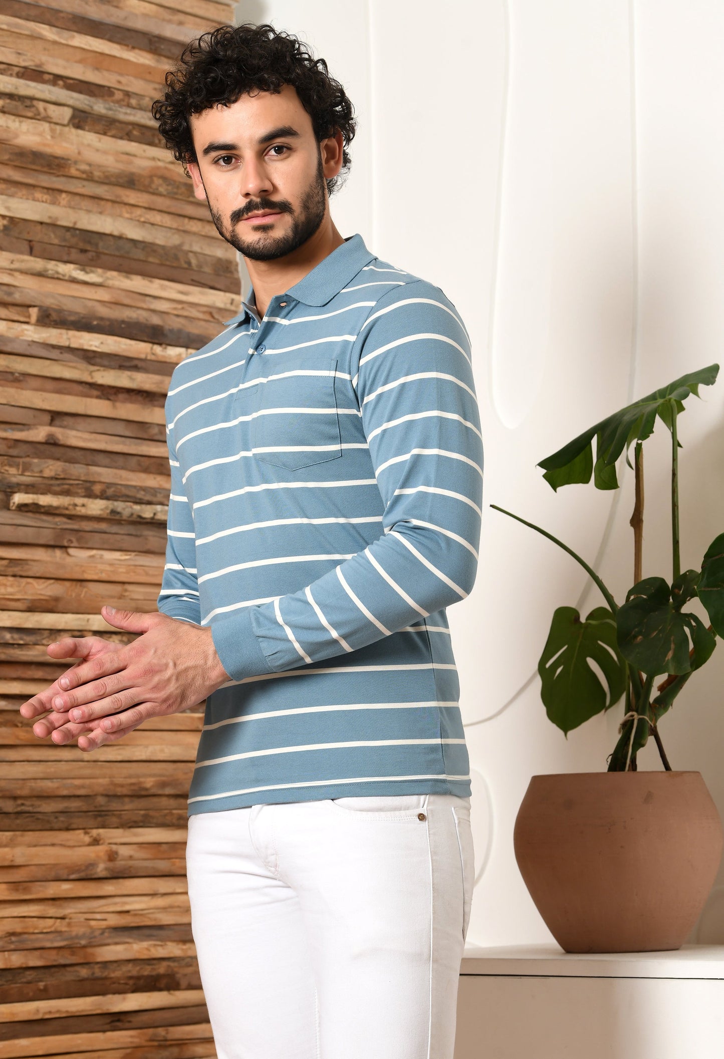 Arbour Men Polo Neck Stripes Pocket Full Sleeves T-Shirt