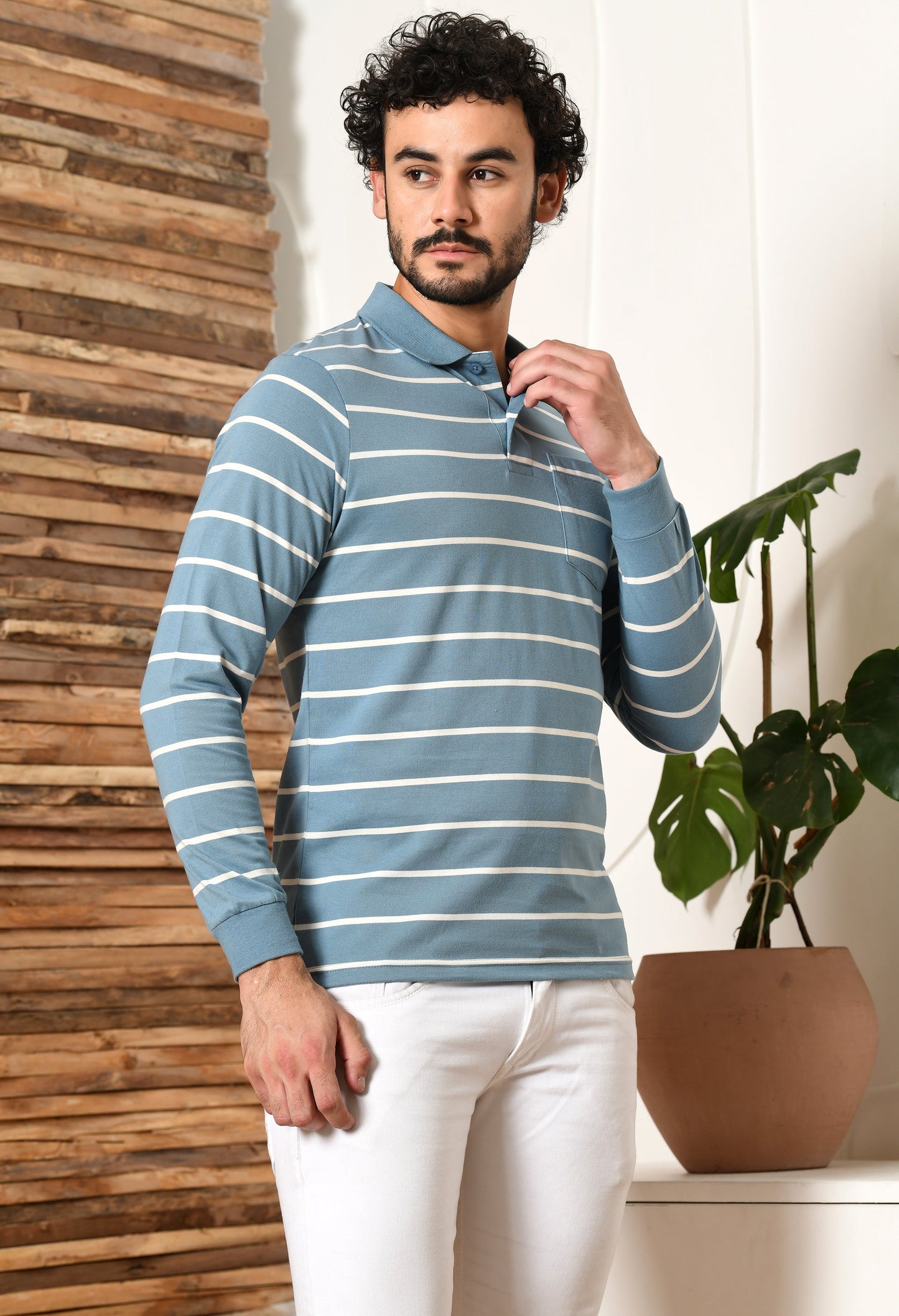 Arbour Men Polo Neck Stripes Pocket Full Sleeves T-Shirt