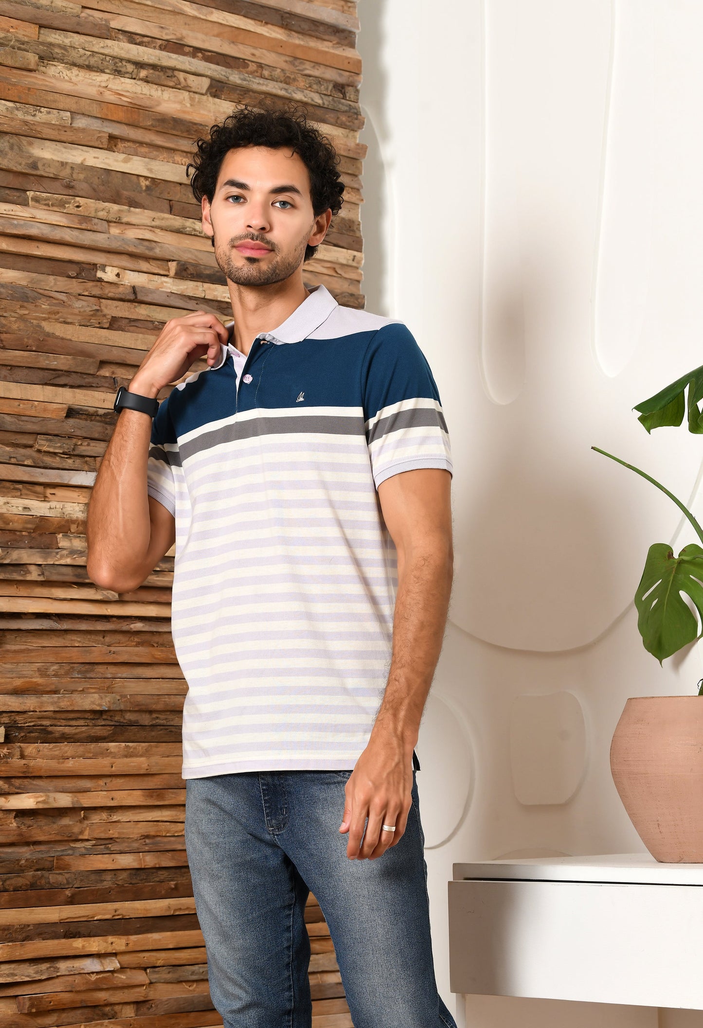 Arbour Men Polo Neck Half Sleeves Casual Cotton Stripes T-Shirt