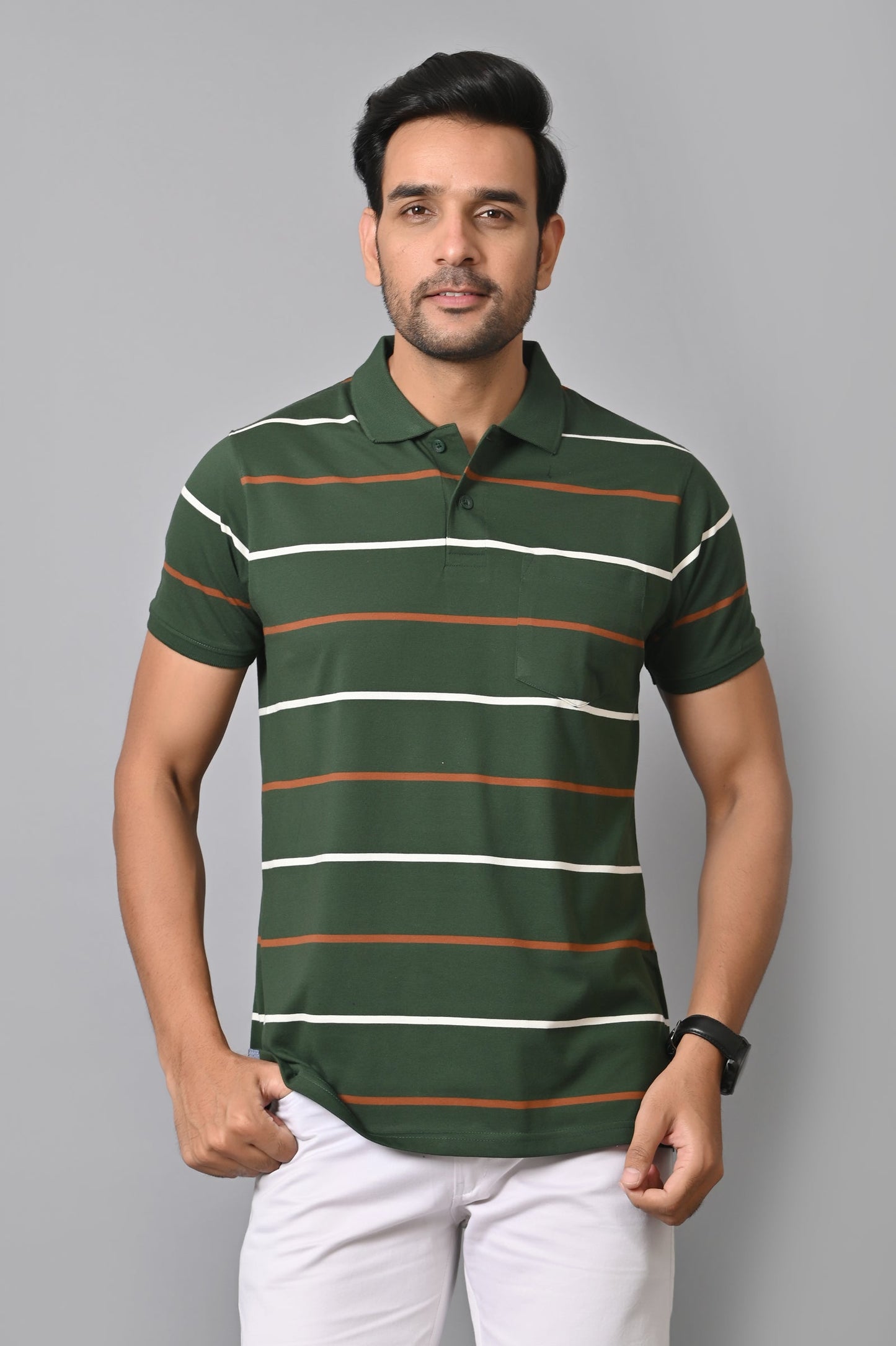 Arbour Men Polo Neck Stripes Pocket Half Sleeves T-Shirt