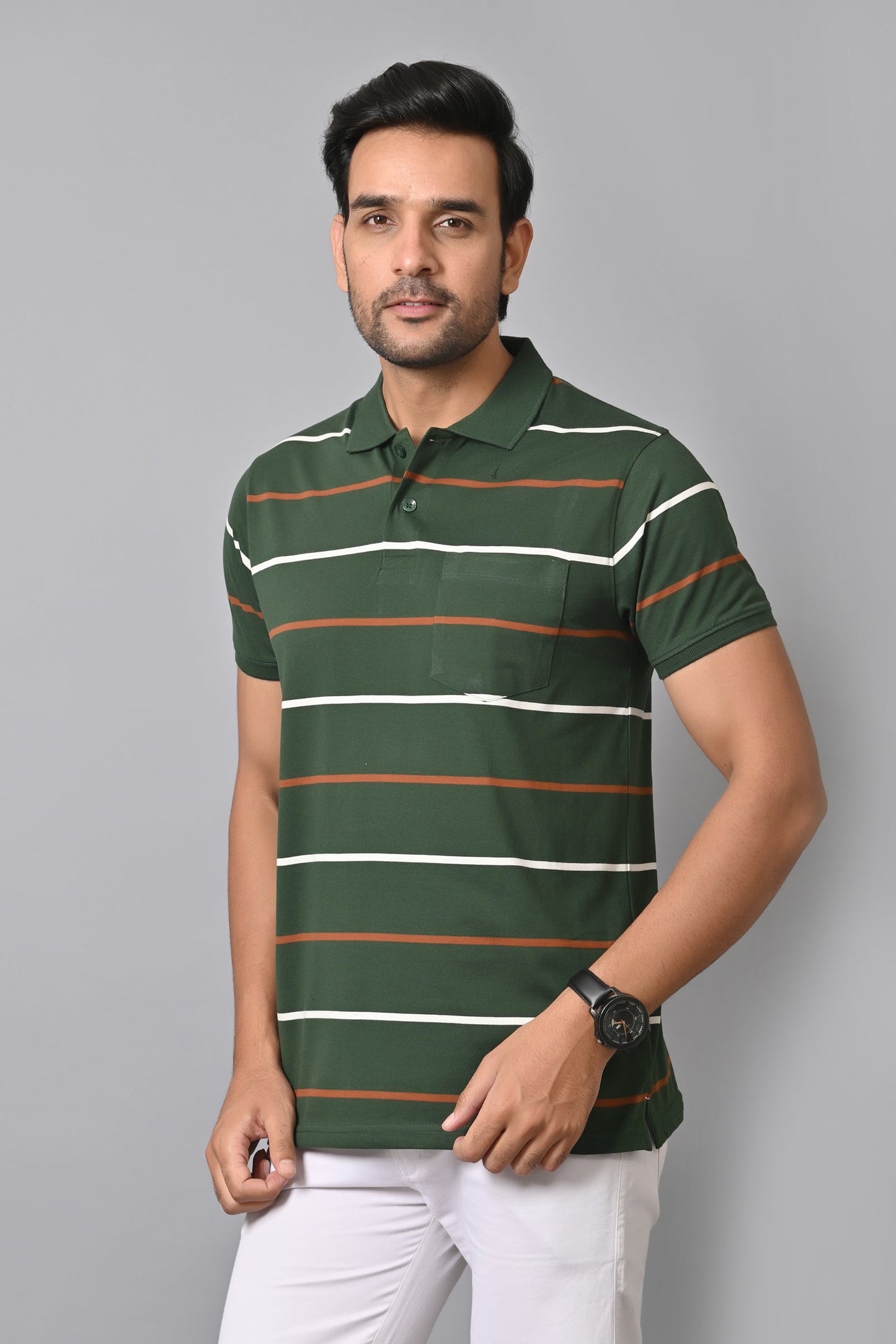 Arbour Men Polo Neck Stripes Pocket Half Sleeves T-Shirt