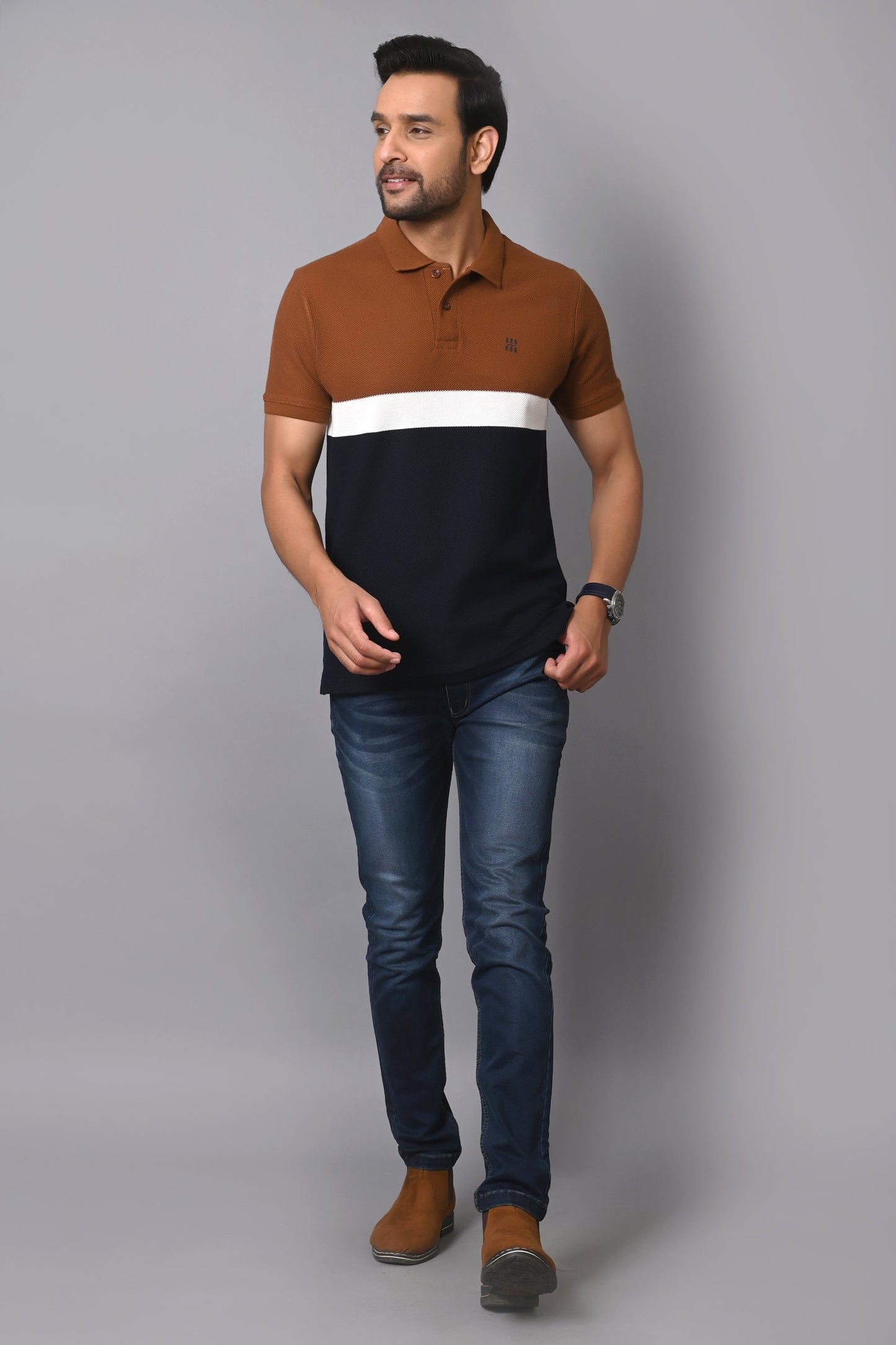 Arbour Men Polo Neck Cotton Color Block Casual Half Sleeves T-Shirt