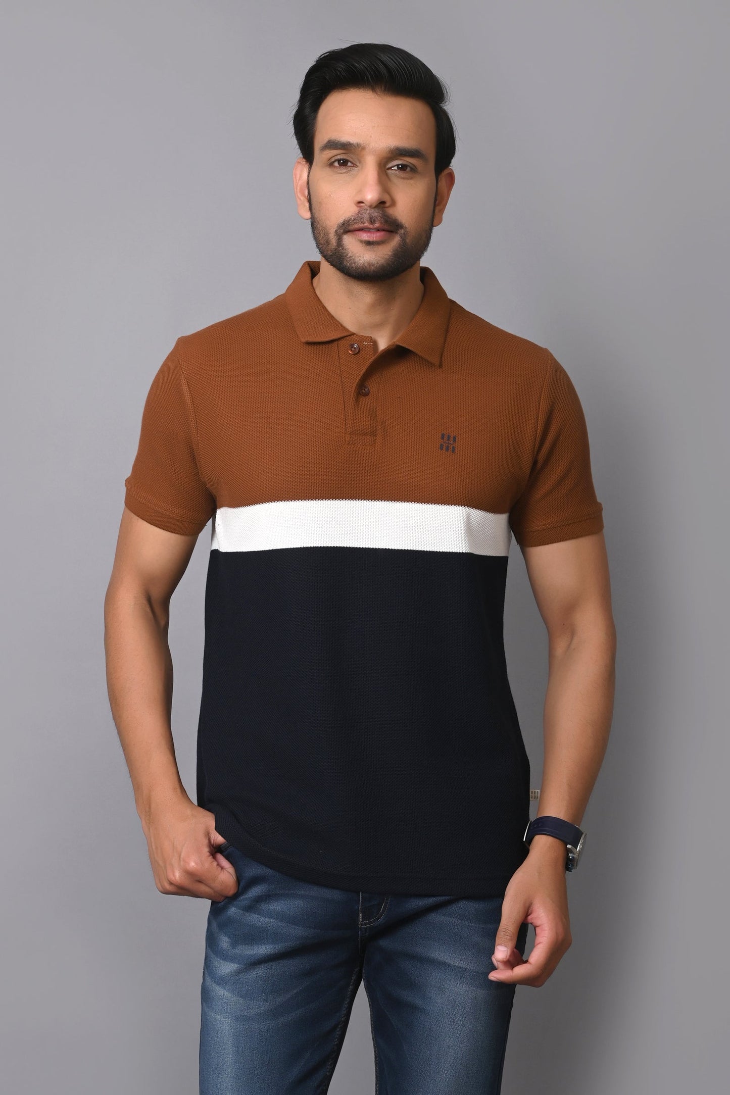 Arbour Men Polo Neck Cotton Color Block Casual Half Sleeves T-Shirt