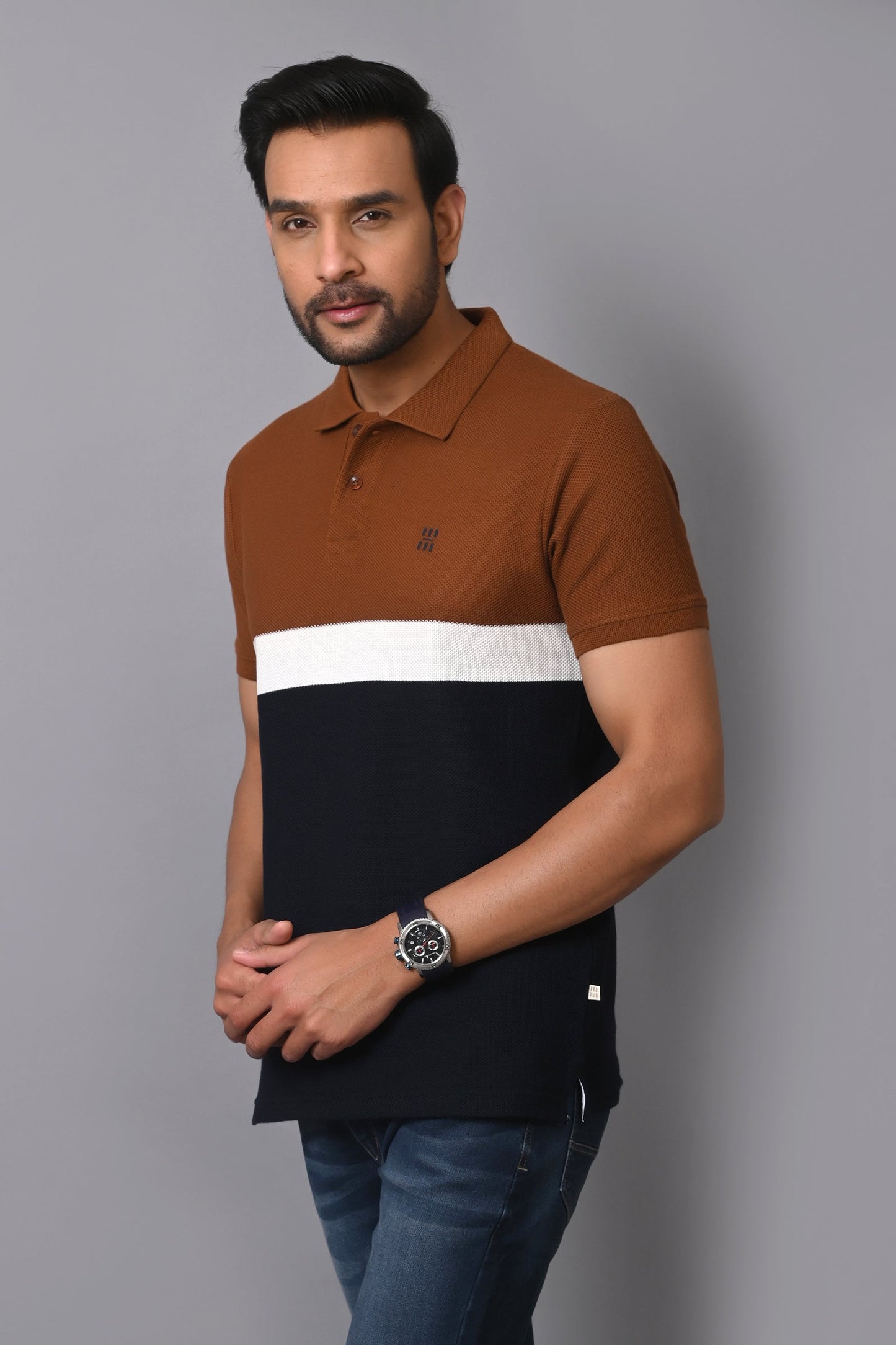 Arbour Men Polo Neck Cotton Color Block Casual Half Sleeves T-Shirt