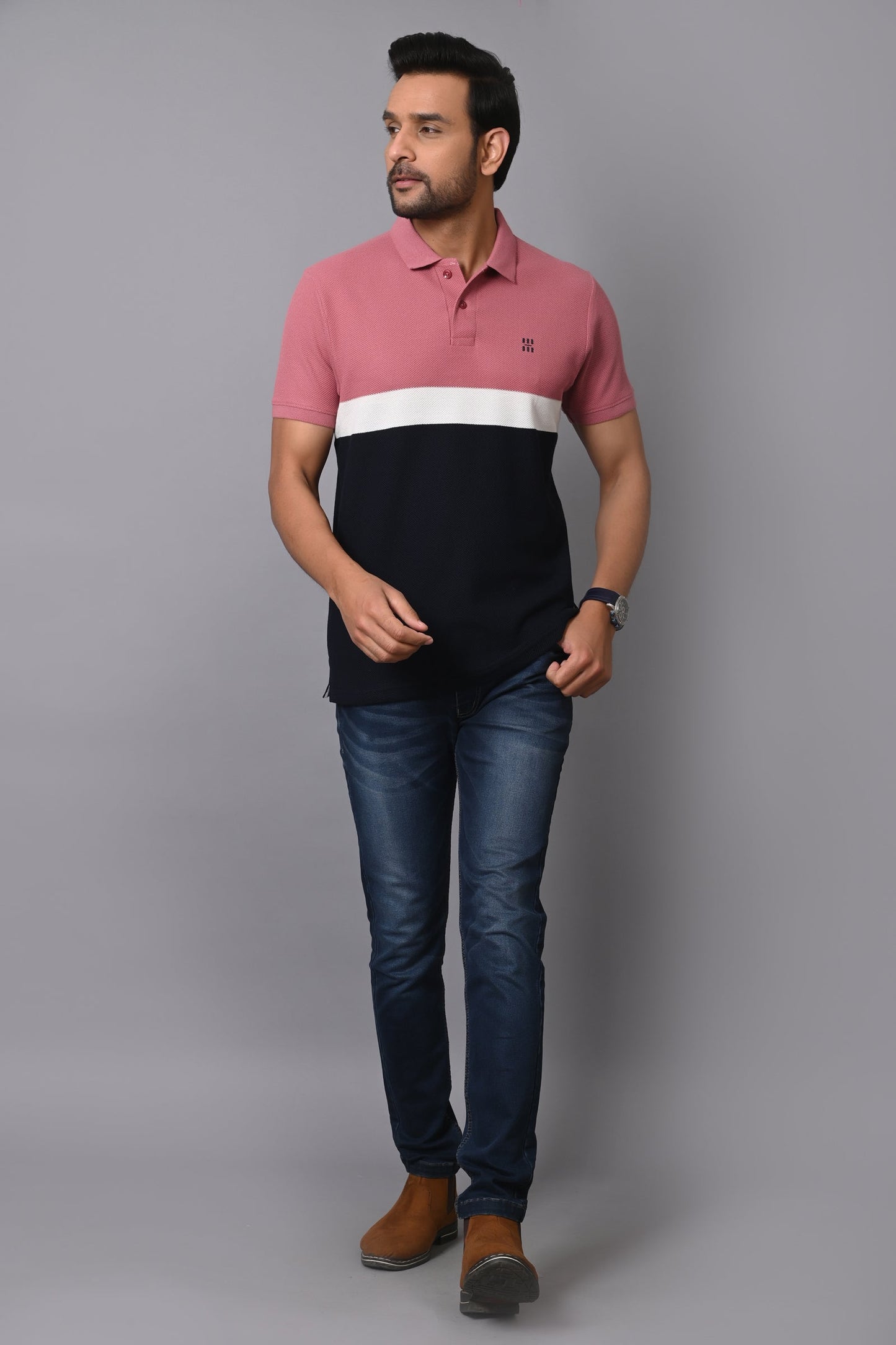 Arbour Men Polo Neck Cotton Color Block Casual Half Sleeves T-Shirt