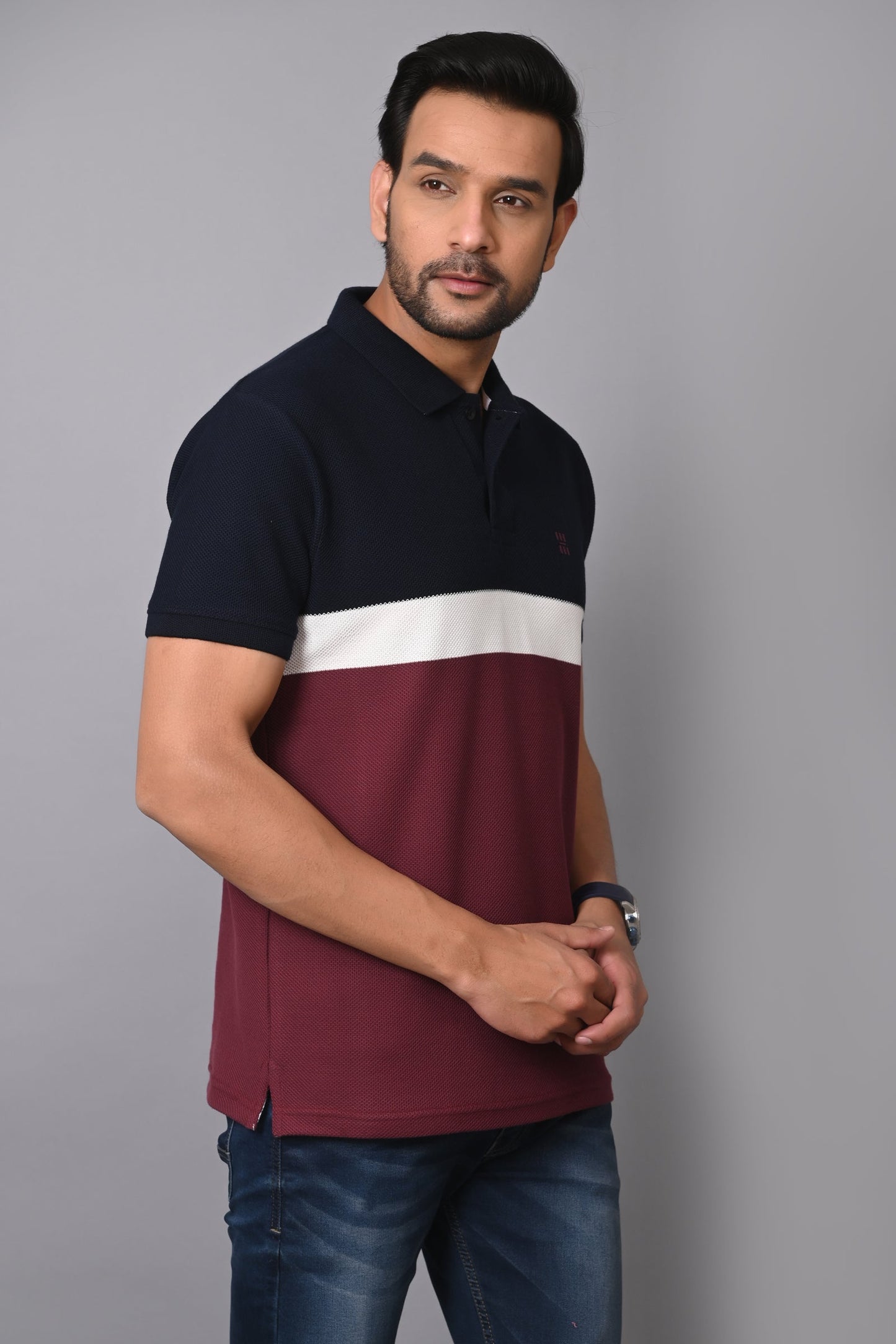 Arbour Men Polo Neck Cotton Color Block Casual Half Sleeves T-Shirt