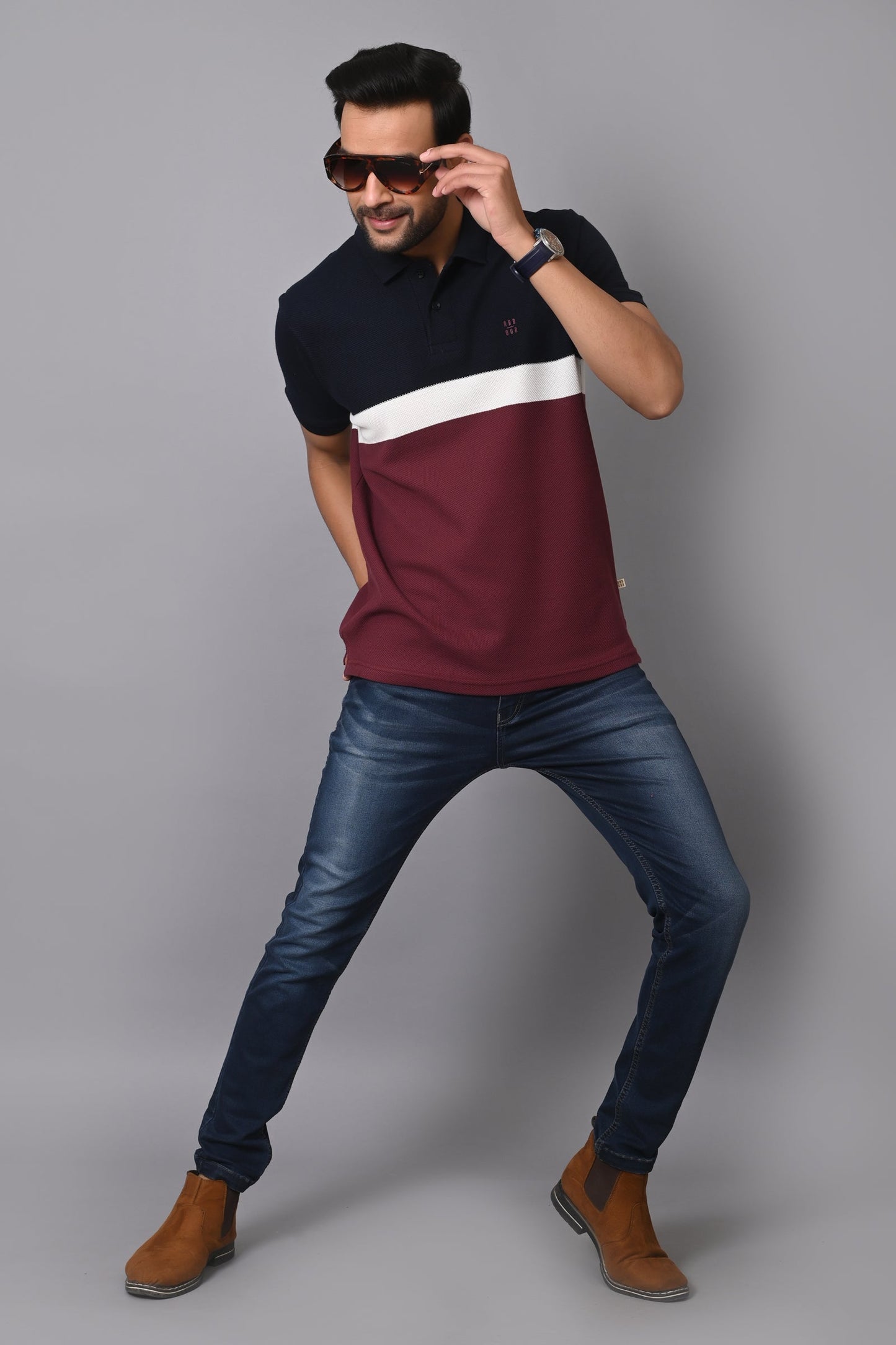 Arbour Men Polo Neck Cotton Color Block Casual Half Sleeves T-Shirt