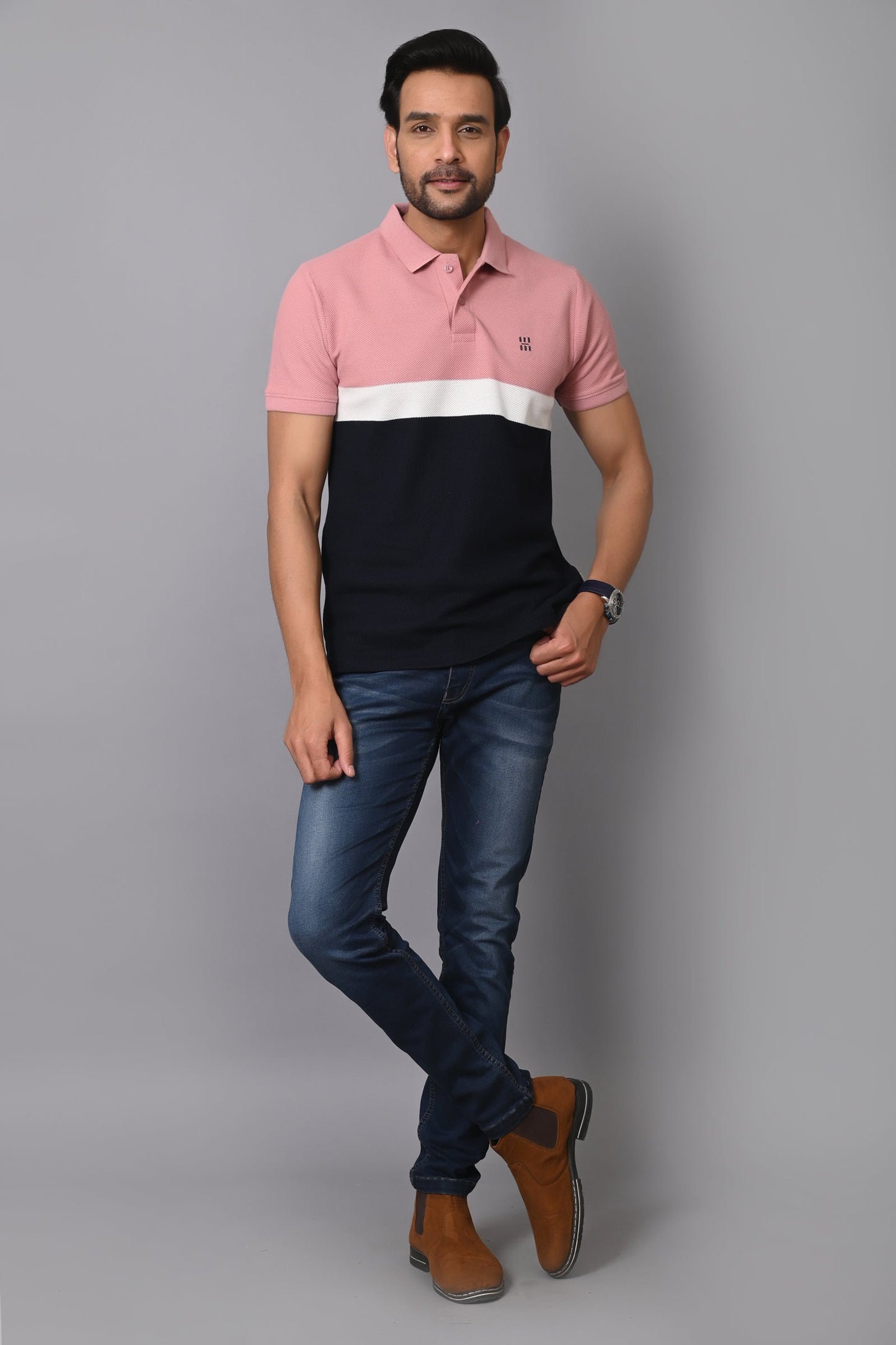 Arbour Men Polo Neck Cotton Color Block Casual Half Sleeves T-Shirt