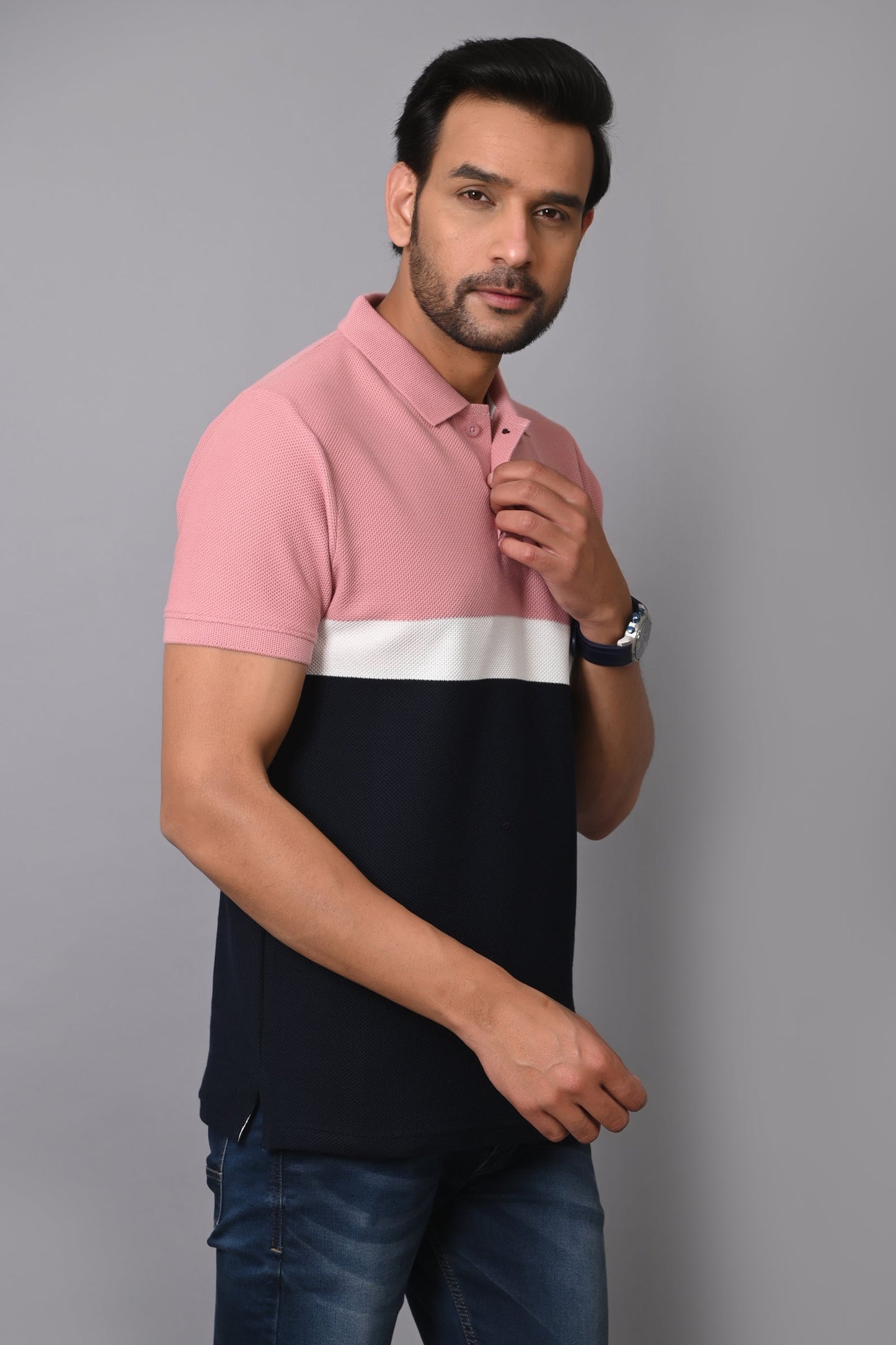 Arbour Men Polo Neck Cotton Color Block Casual Half Sleeves T-Shirt