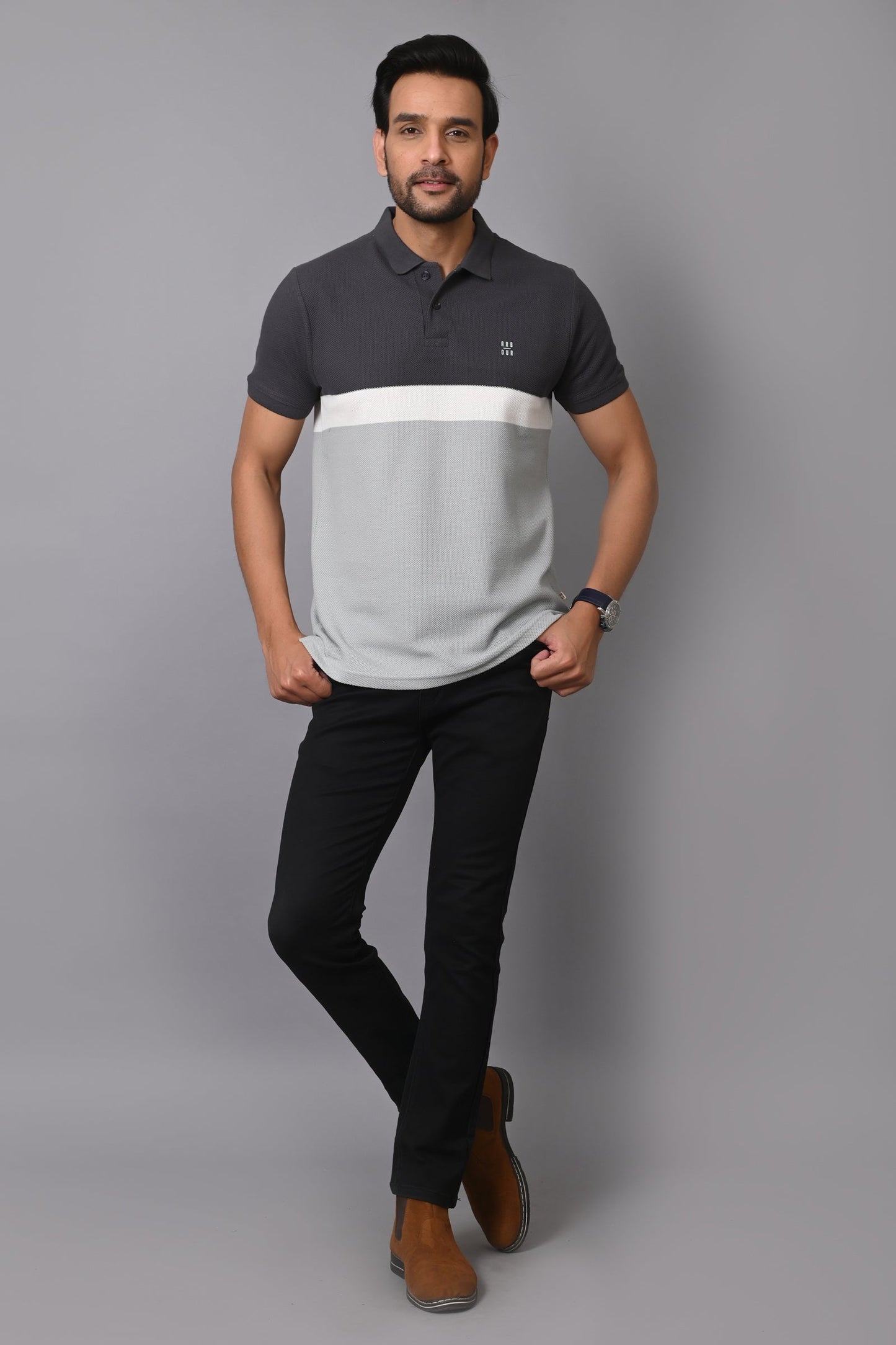 Arbour Men Polo Neck Cotton Color Block Casual Half Sleeves T-Shirt