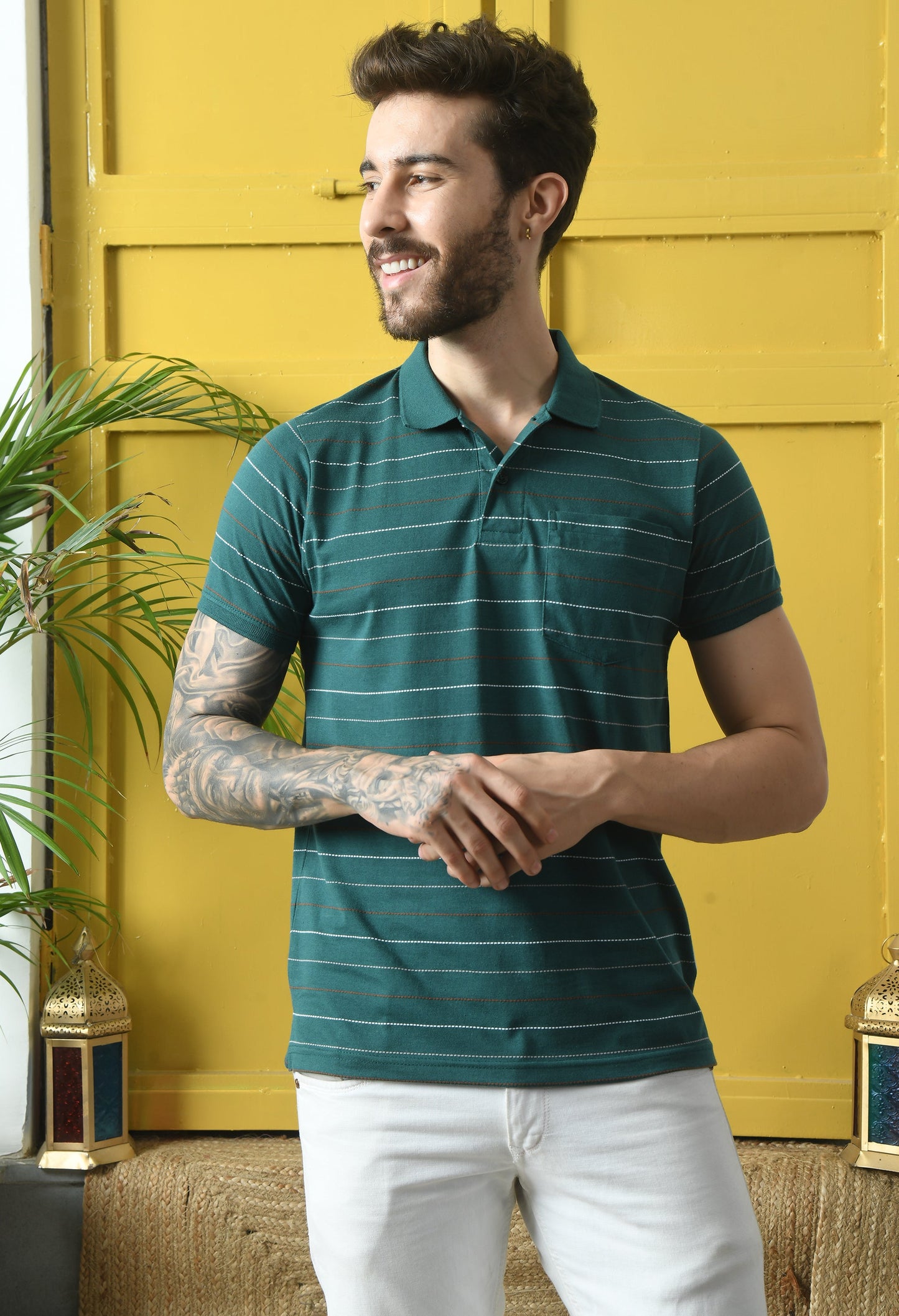 Arbour Men Polo Neck Stripes Pocket Half sleeves T-Shirt