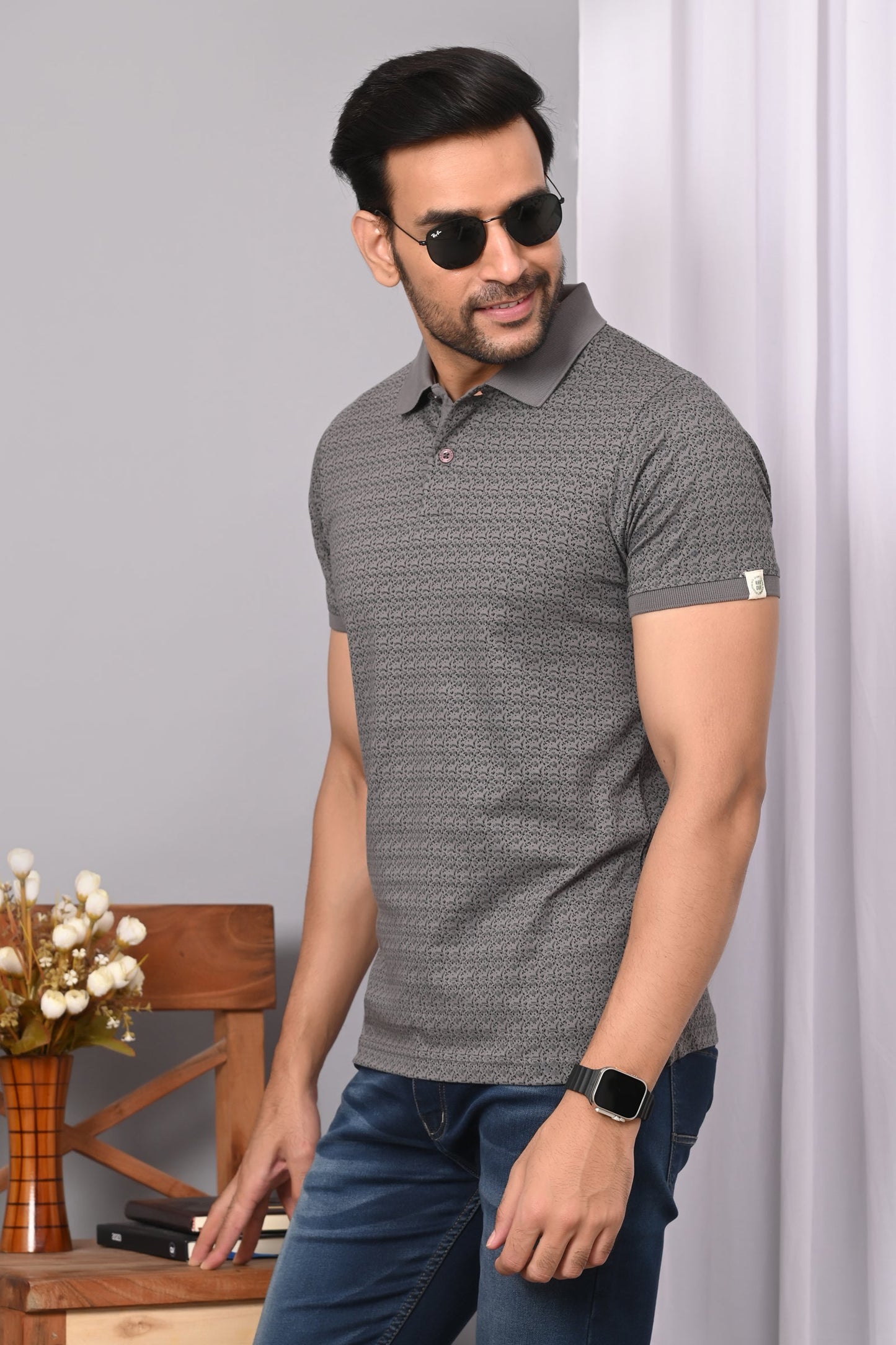 Arbour Men Polo Neck Allover Print Half Sleeves T-Shirt