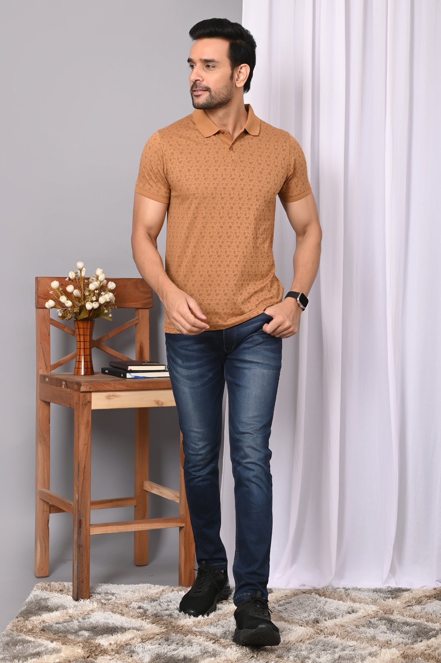 Arbour Men Polo Neck Allover Print Half Sleeves T-Shirt