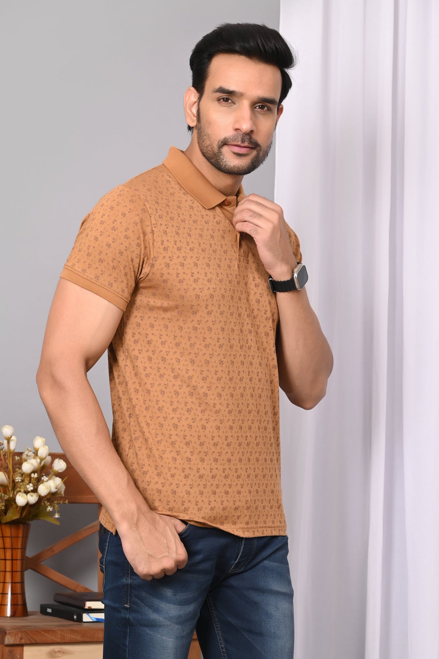 Arbour Men Polo Neck Allover Print Half Sleeves T-Shirt