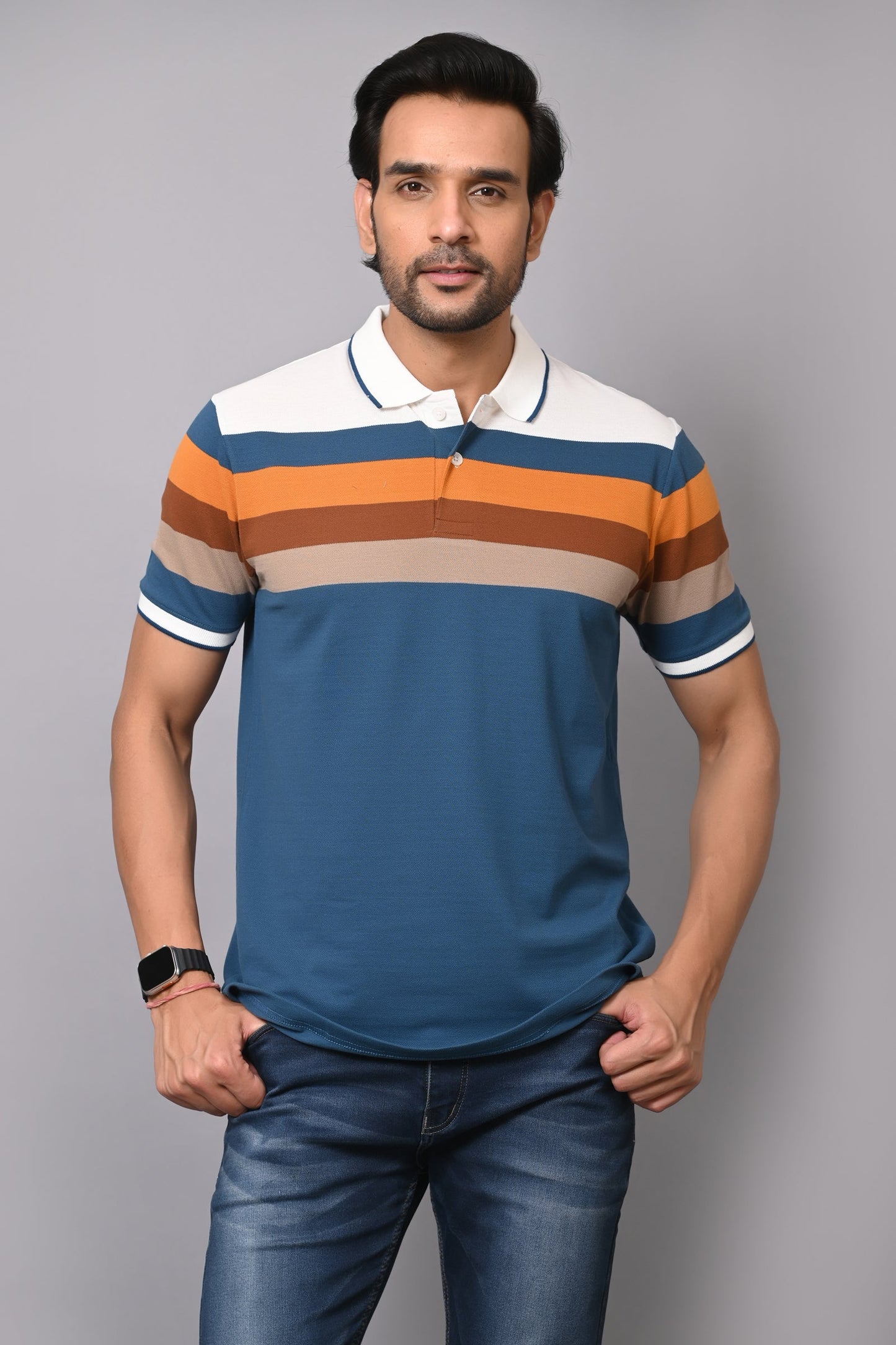 Arbour Men Polo Neck Stripes Half Sleeves T-Shirt