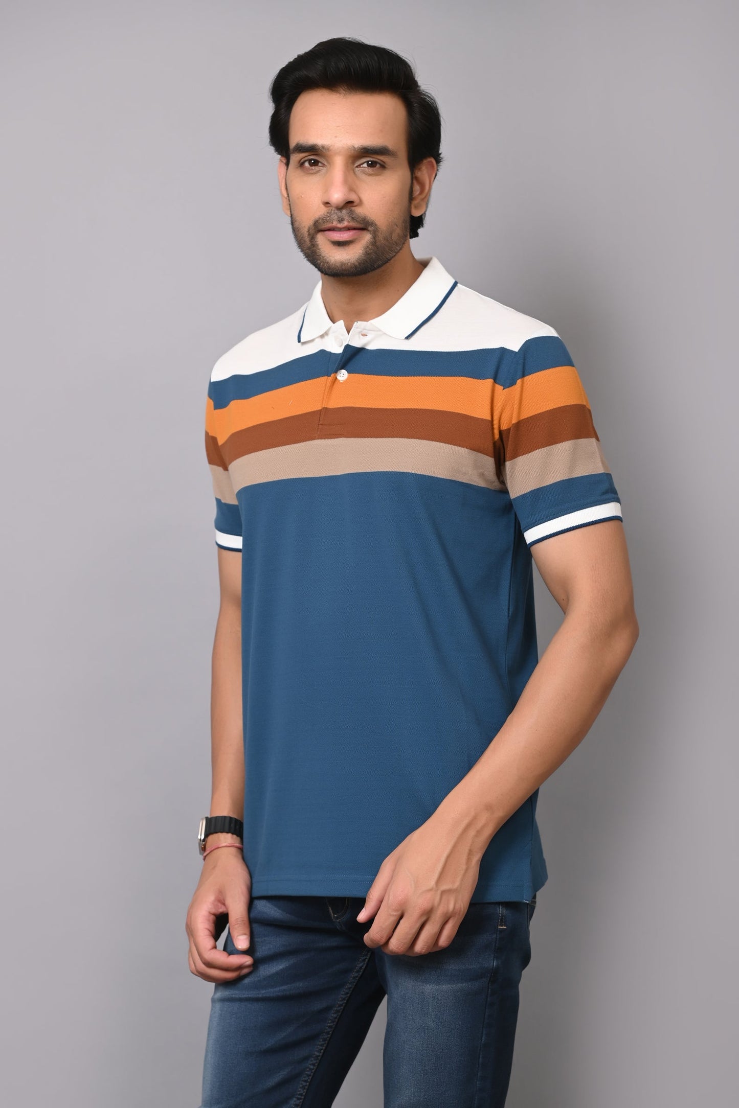 Arbour Men Polo Neck Stripes Half Sleeves T-Shirt