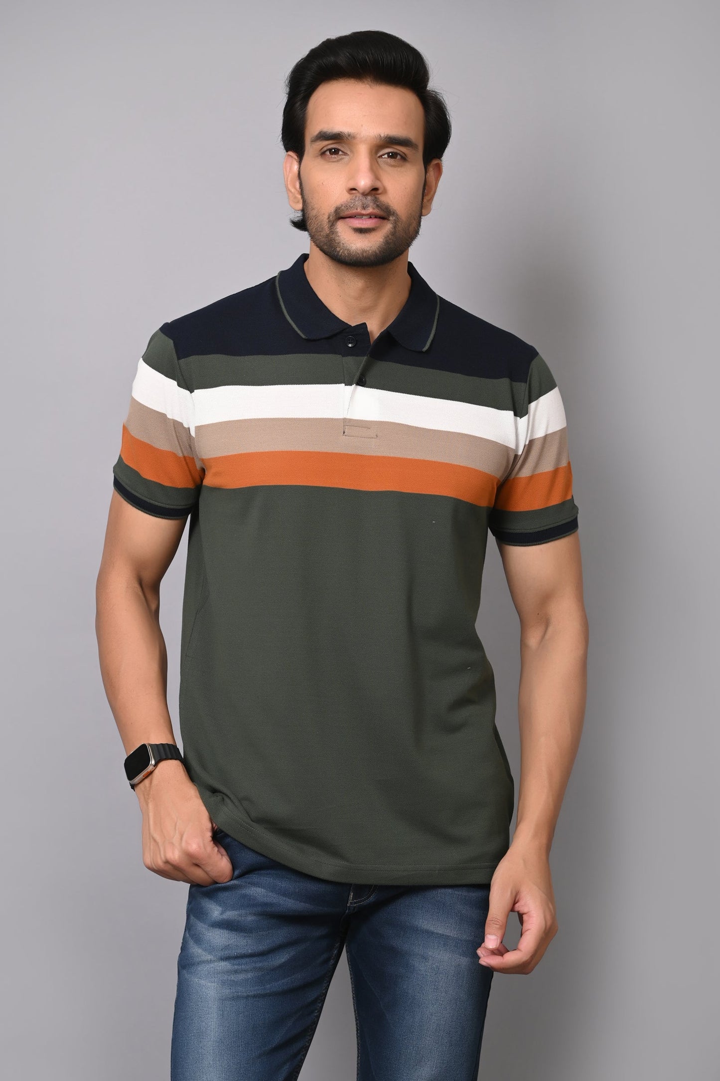 Arbour Men Polo Neck Stripes Half Sleeves T-Shirt