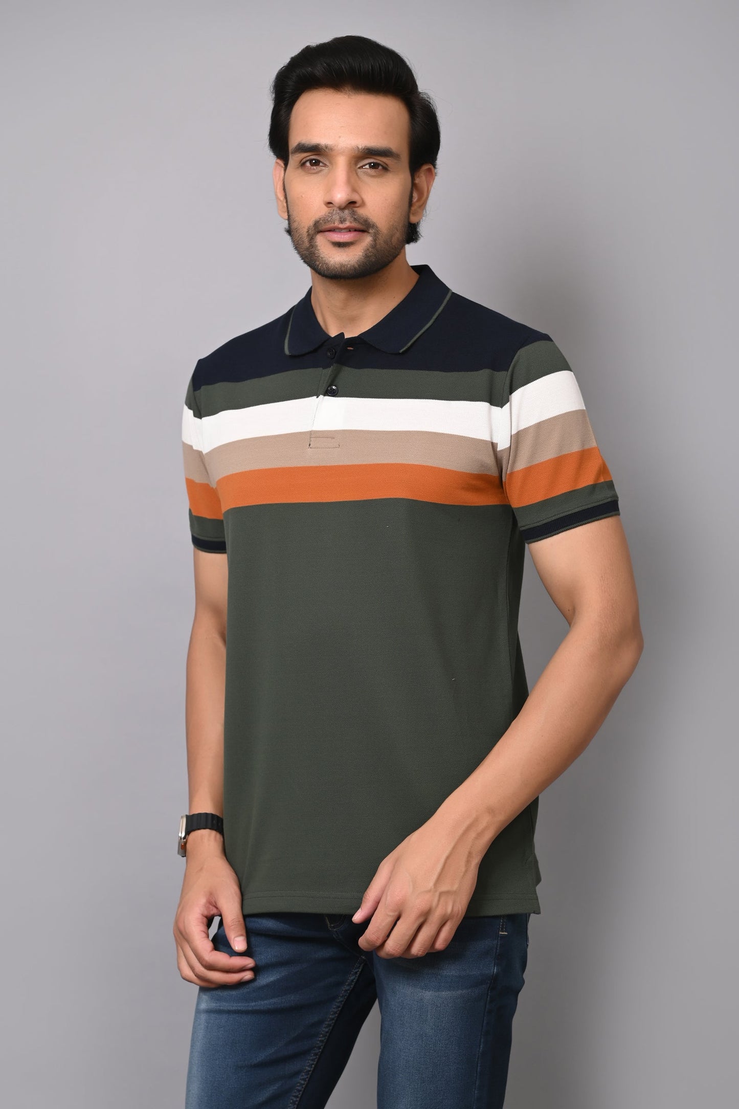 Arbour Men Polo Neck Stripes Half Sleeves T-Shirt