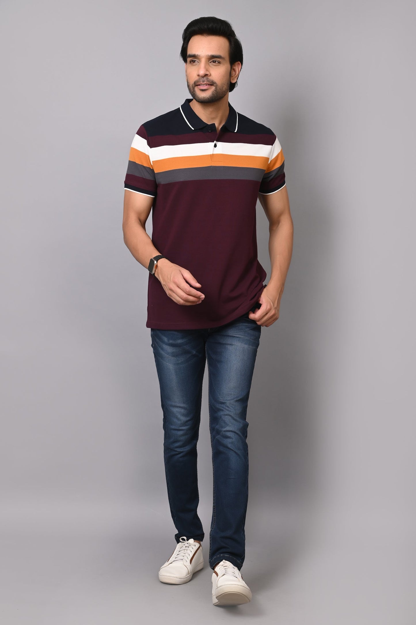 Arbour Men Polo Neck Stripes Half Sleeves T-Shirt