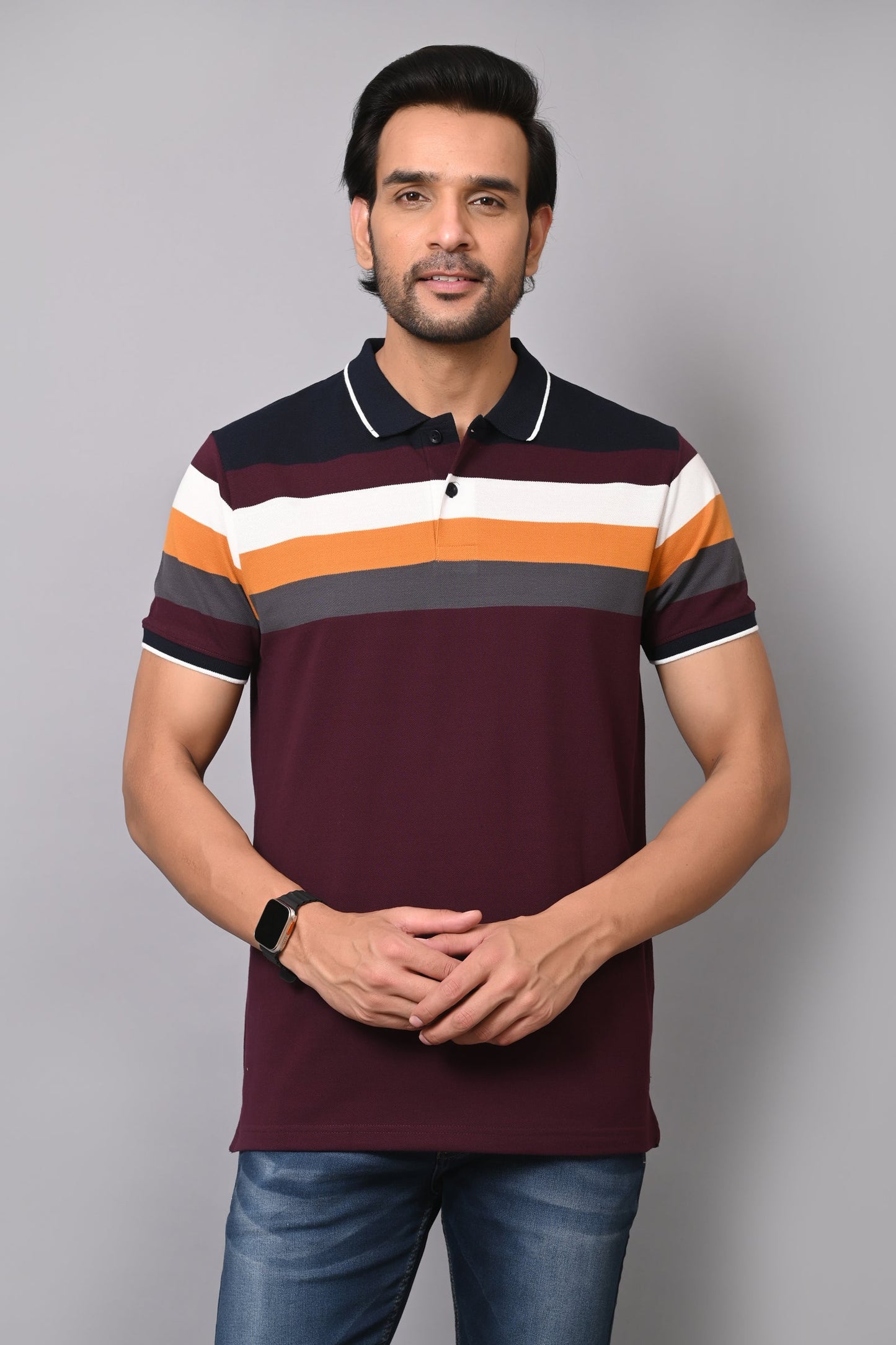 Arbour Men Polo Neck Stripes Half Sleeves T-Shirt