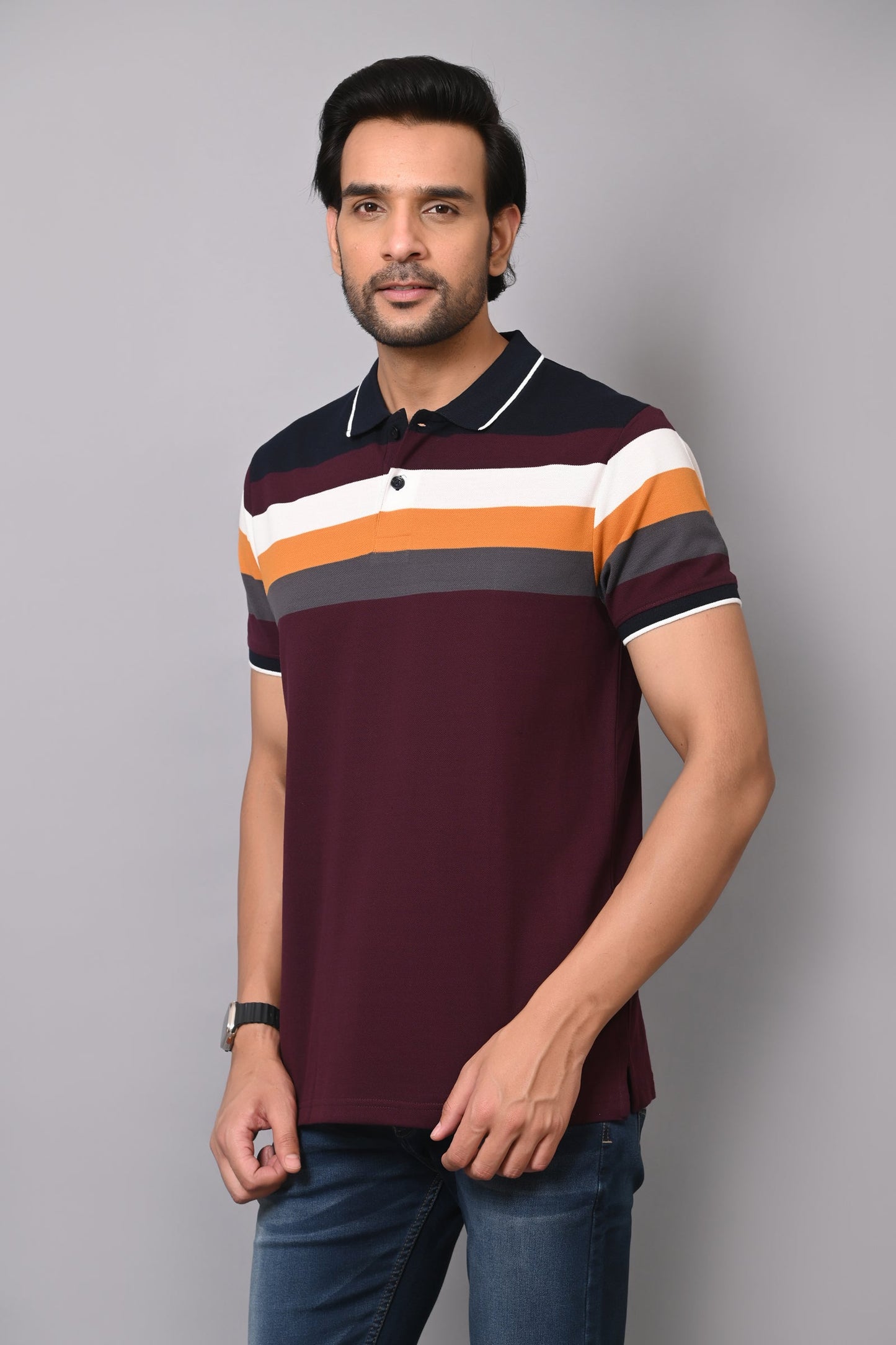 Arbour Men Polo Neck Stripes Half Sleeves T-Shirt