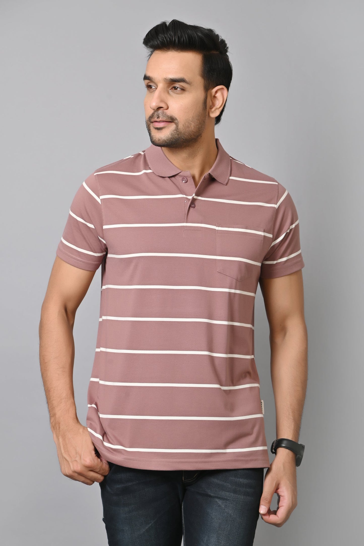 Arbour Men Collar Neck Pocket Stripes Half Sleeves T-Shirt