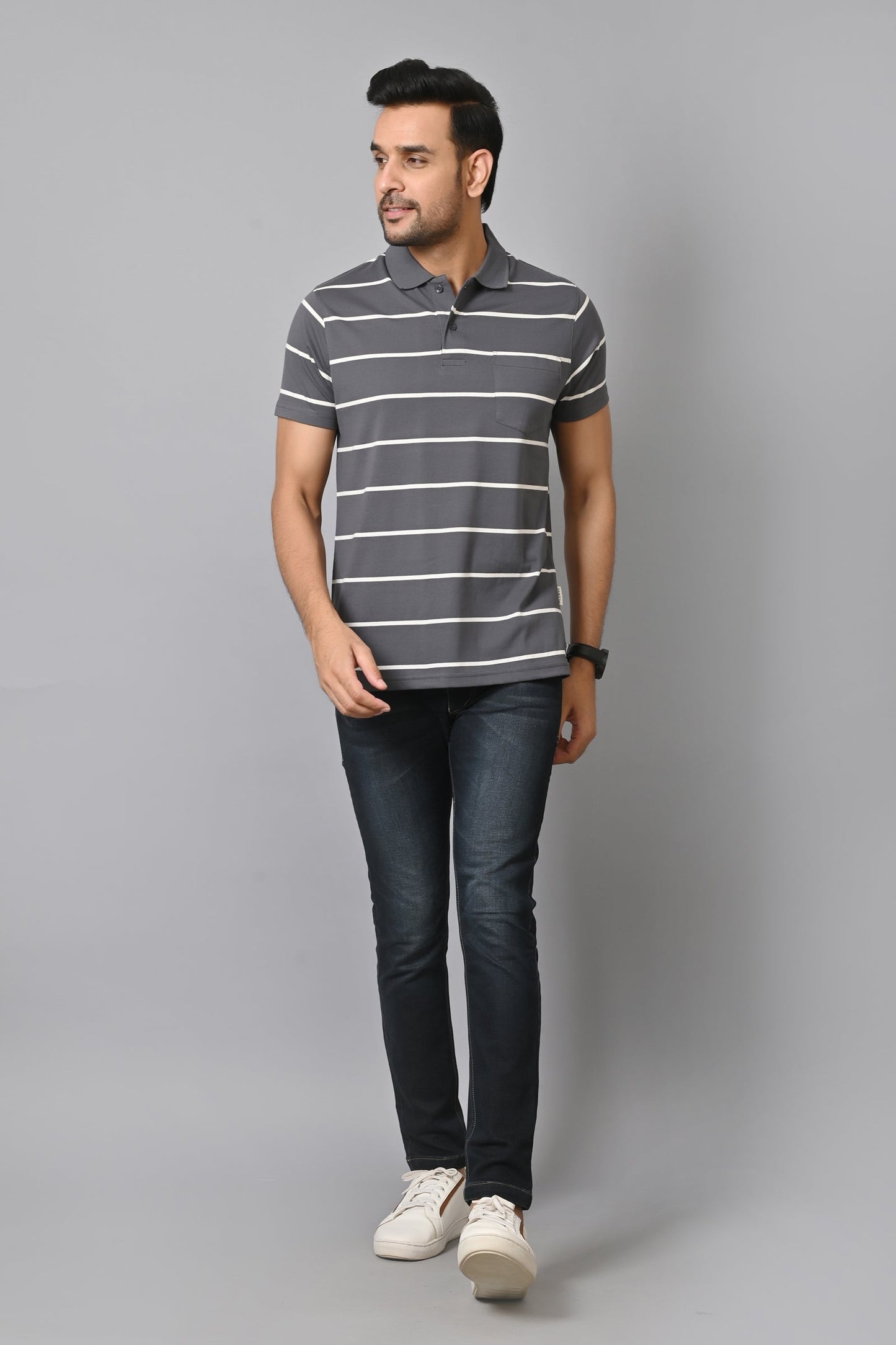 Arbour Men Collar Neck Pocket Stripes Half Sleeves T-Shirt