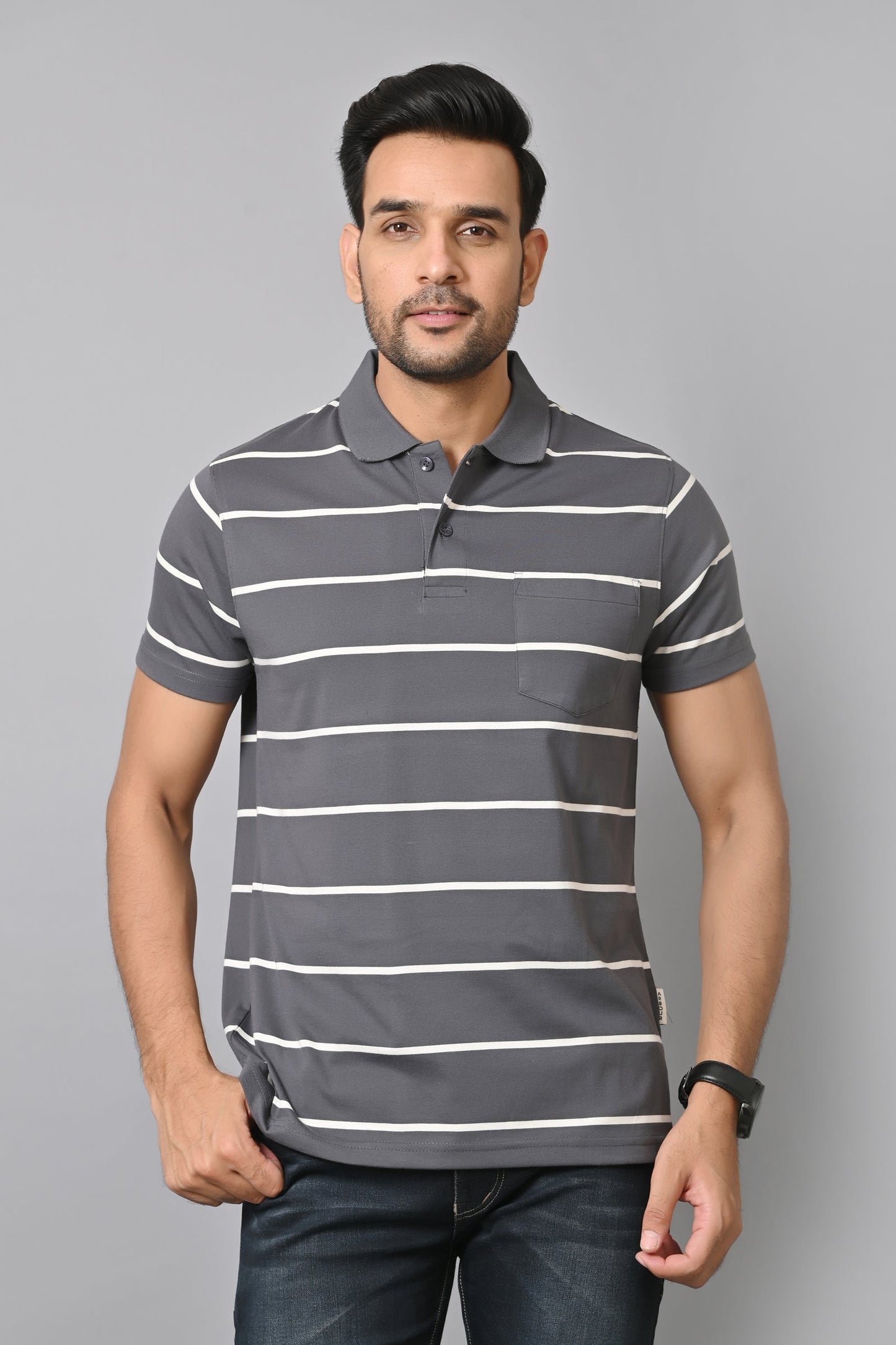 Arbour Men Collar Neck Pocket Stripes Half Sleeves T-Shirt