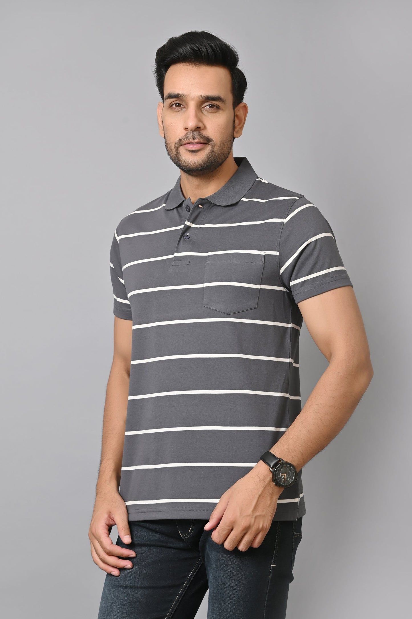 Arbour Men Collar Neck Pocket Stripes Half Sleeves T-Shirt