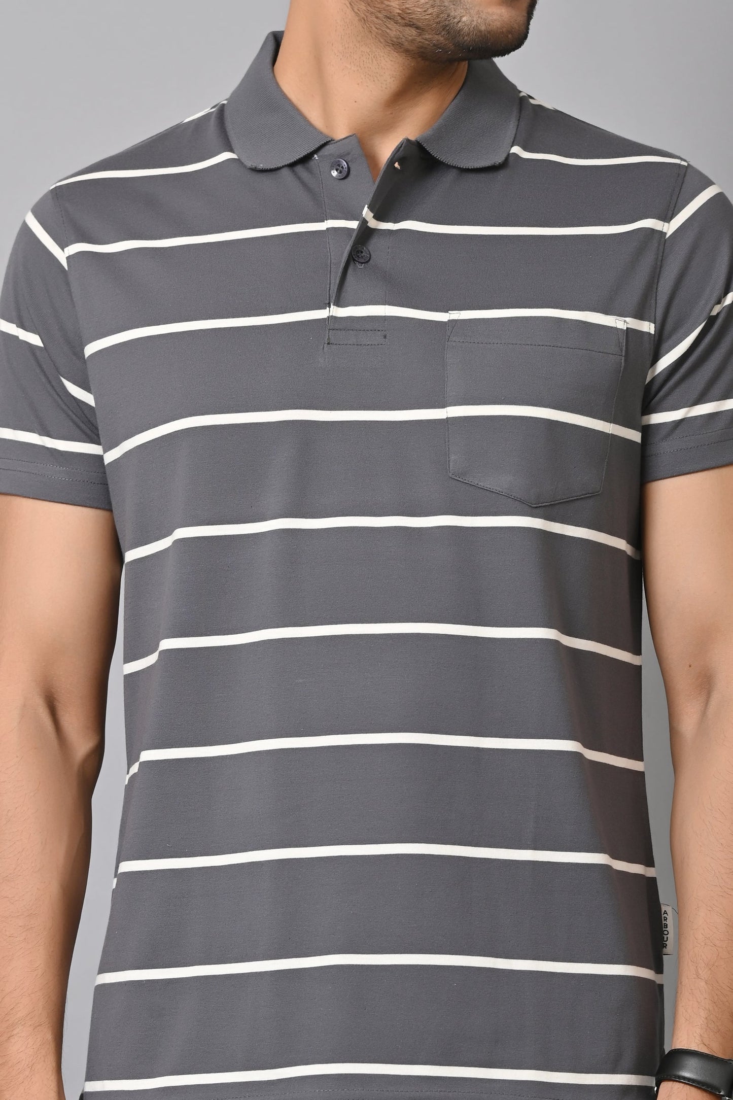 Arbour Men Collar Neck Pocket Stripes Half Sleeves T-Shirt