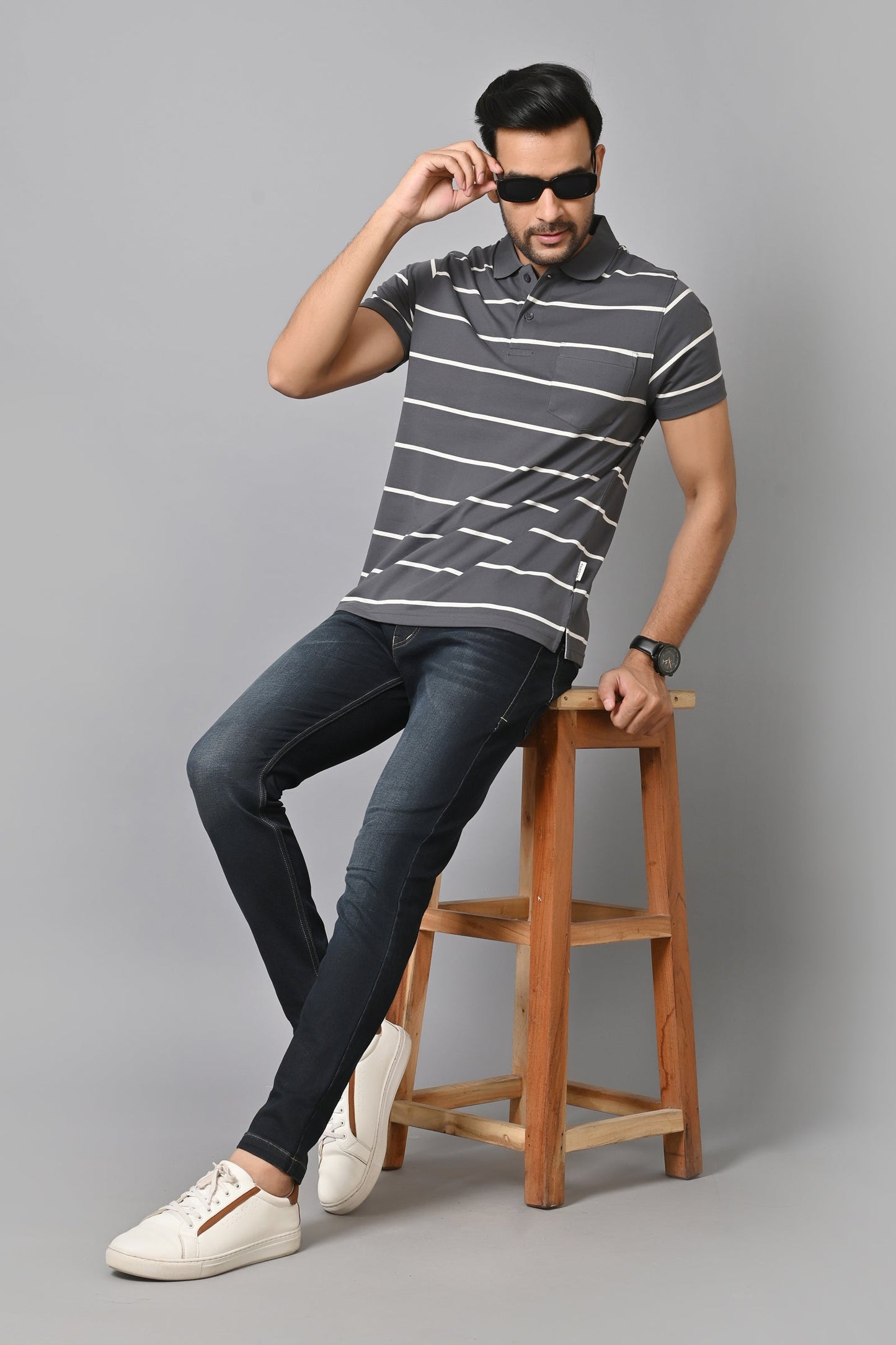 Arbour Men Collar Neck Pocket Stripes Half Sleeves T-Shirt