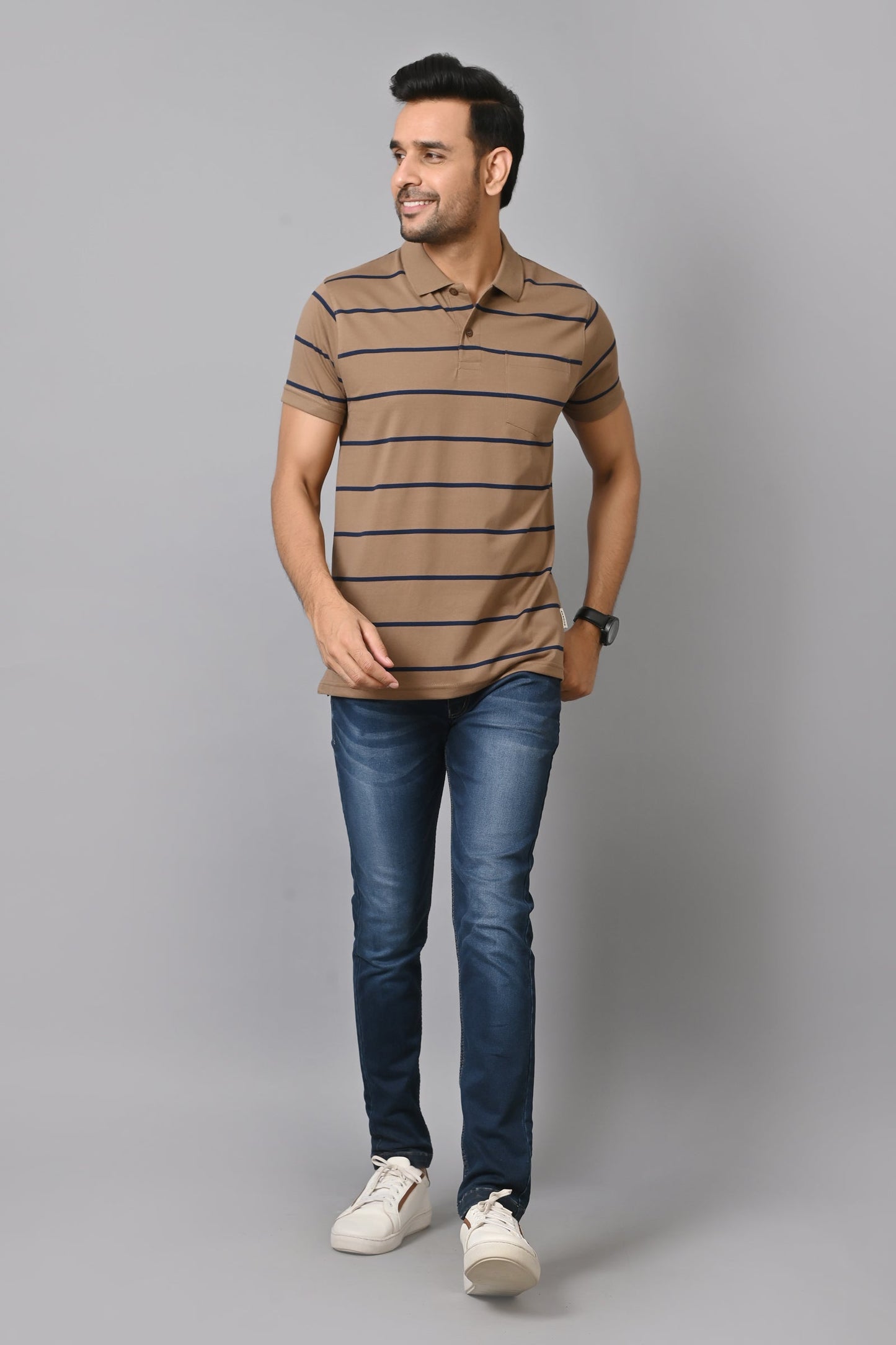 Arbour Men Collar Neck Pocket Stripes Half Sleeves T-Shirt