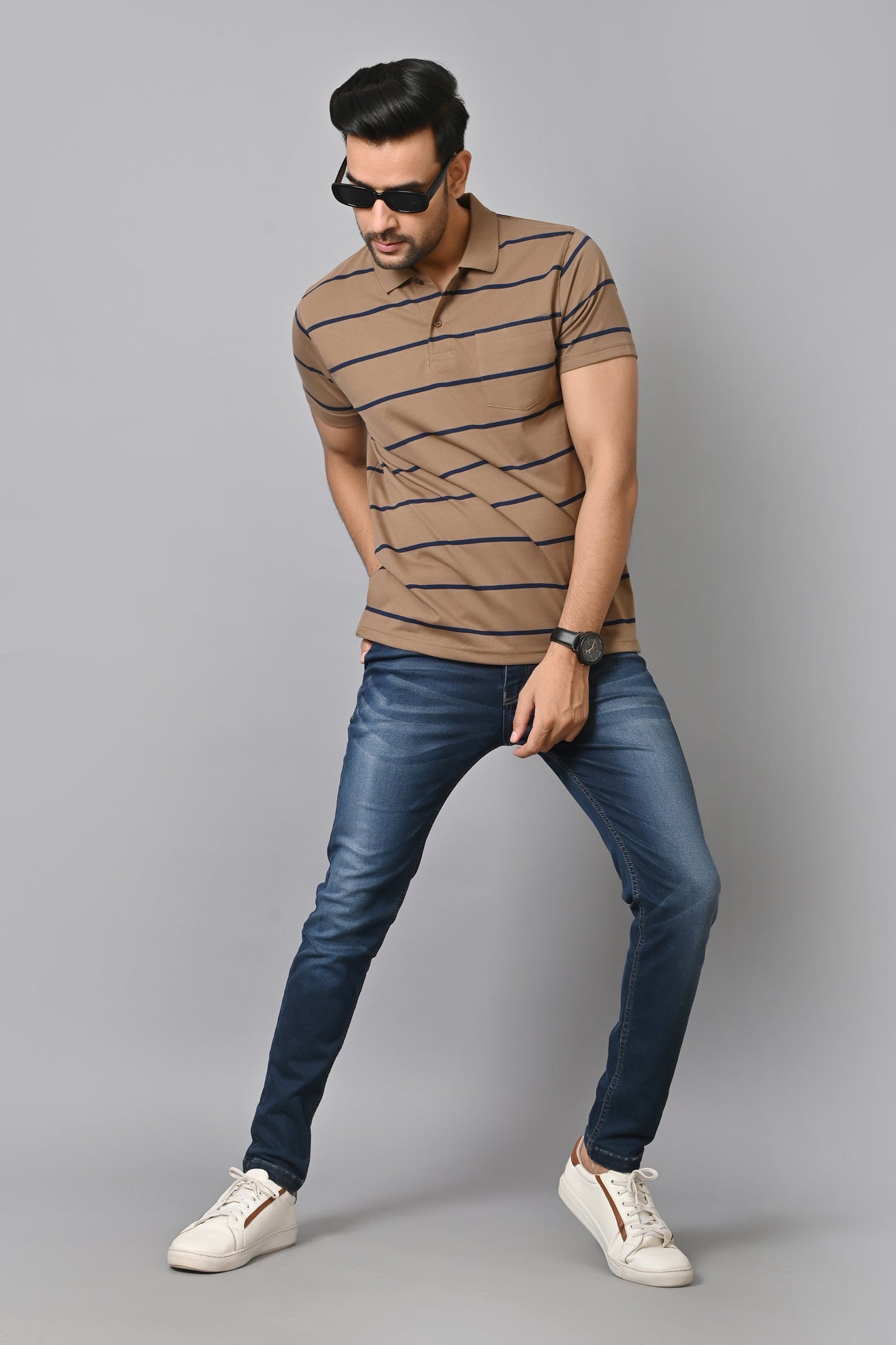 Arbour Men Collar Neck Pocket Stripes Half Sleeves T-Shirt