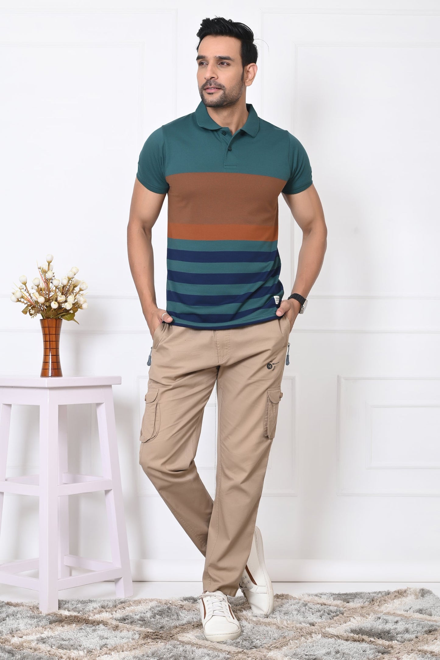 Men Striped Polo Neck Cotton Blend Half Sleeve T-Shirt