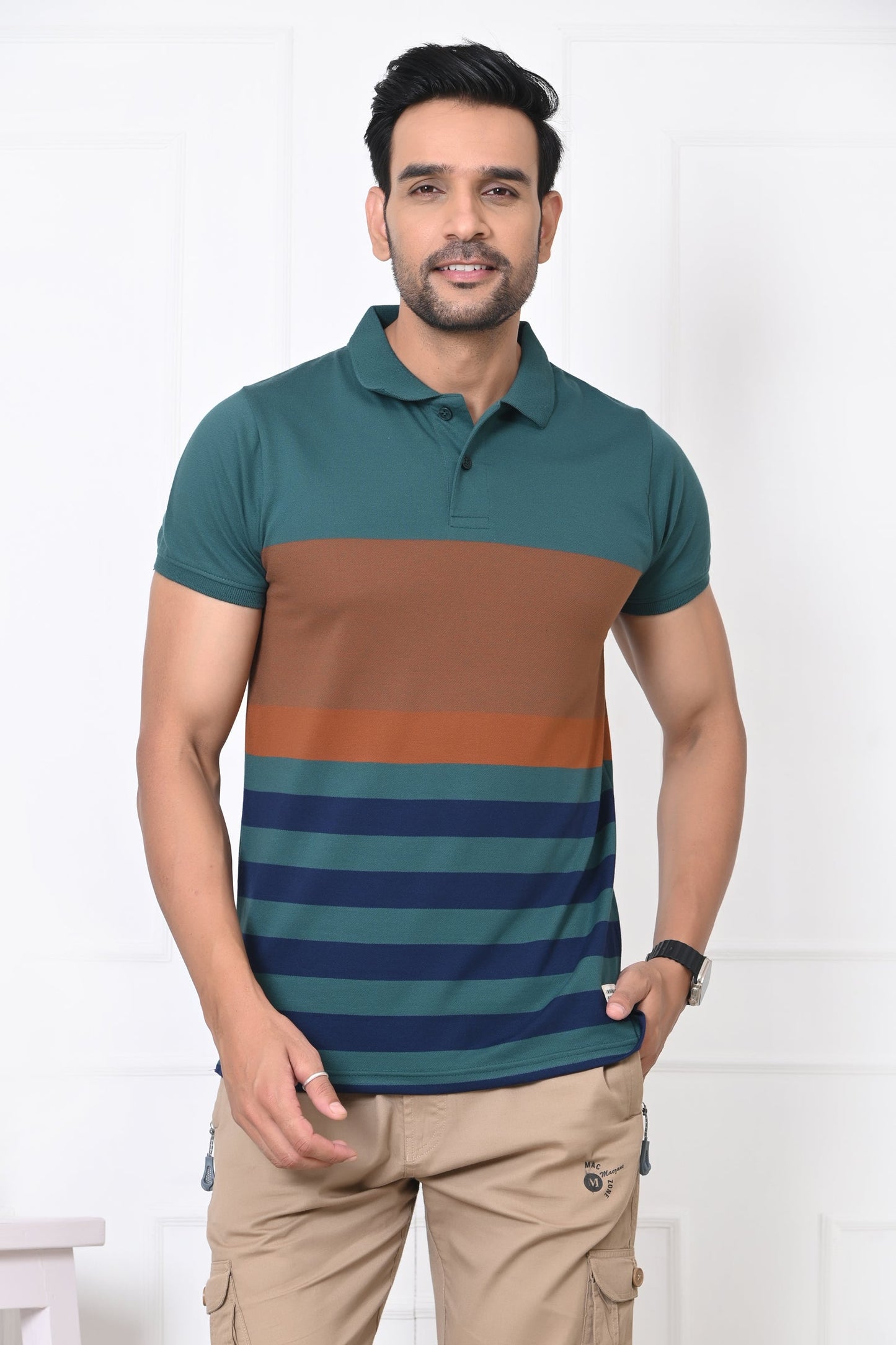 Men Striped Polo Neck Cotton Blend Half Sleeve T-Shirt