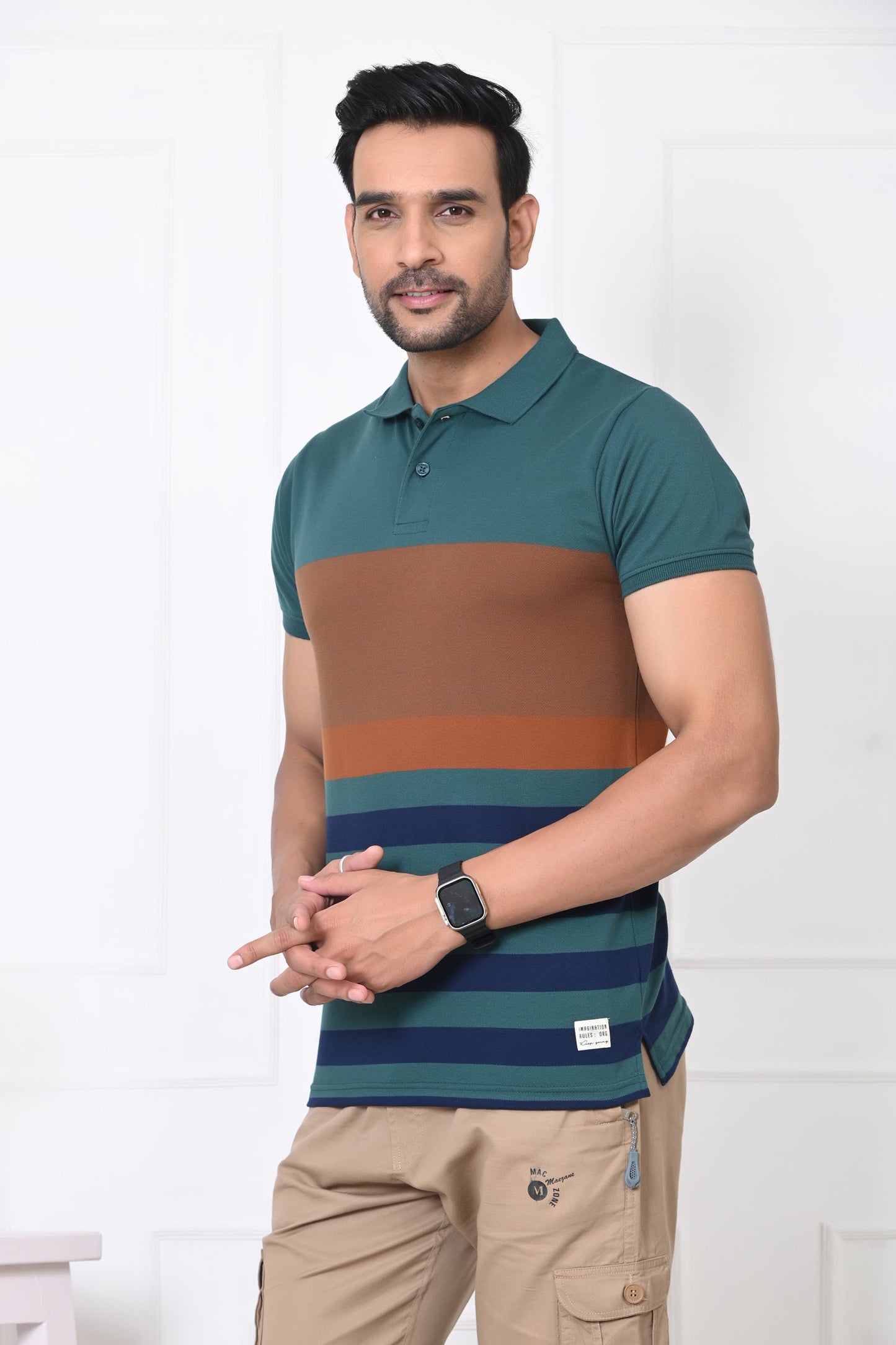 Men Striped Polo Neck Cotton Blend Half Sleeve T-Shirt